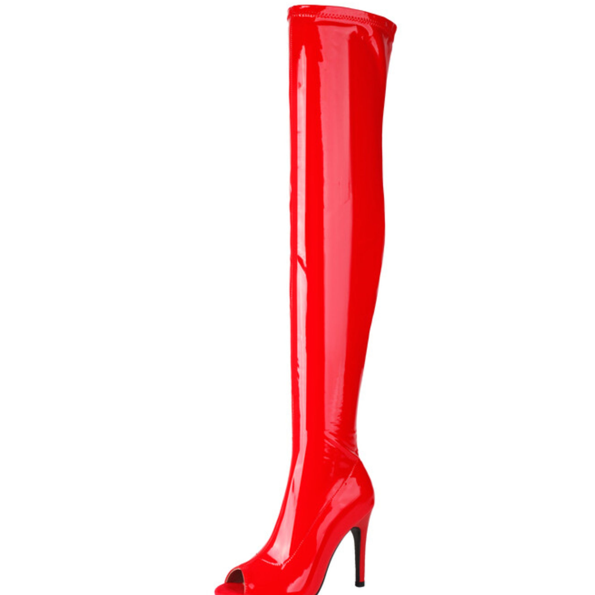 Red Slip-On Peep Toe High-Heel Thigh-High Boots Women