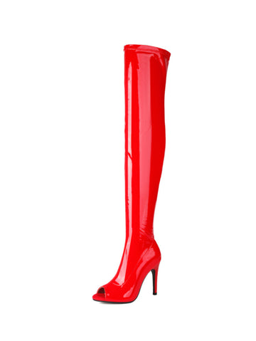 Red Slip-On Peep Toe High-Heel Thigh-High Boots Women