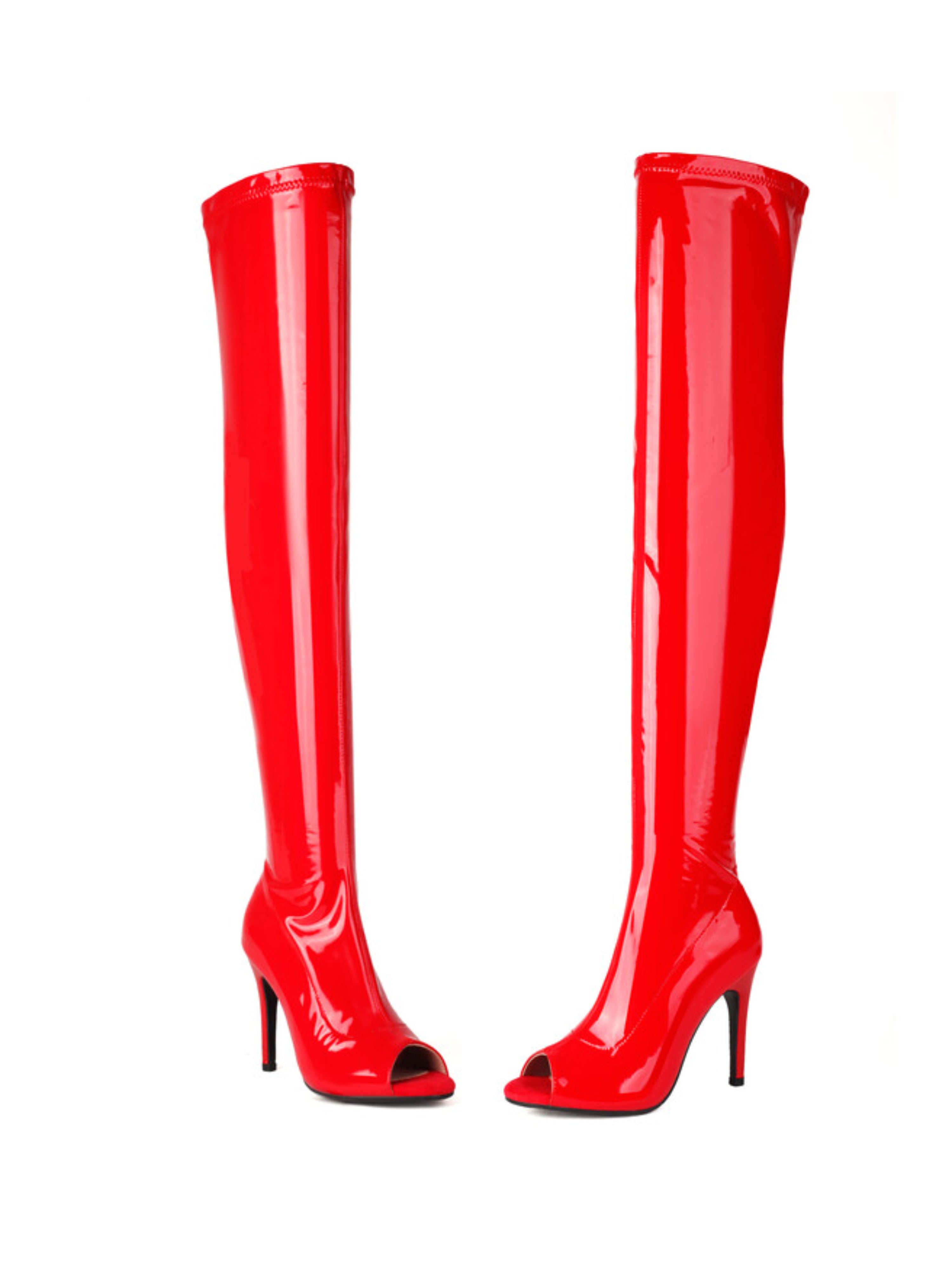 Red Slip-On Peep Toe High-Heel Thigh-High Boots Women