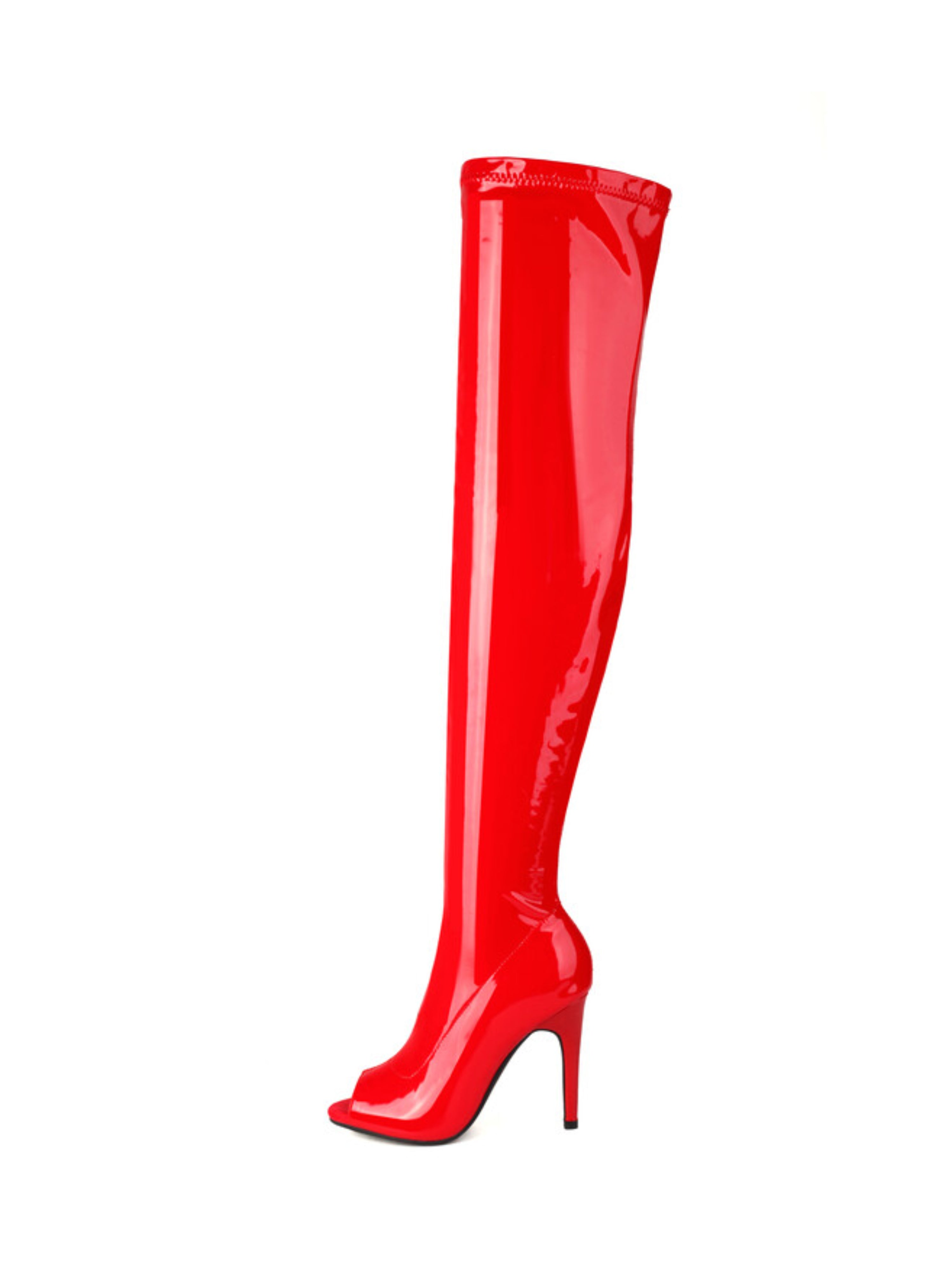 Red Slip-On Peep Toe High-Heel Thigh-High Boots Women