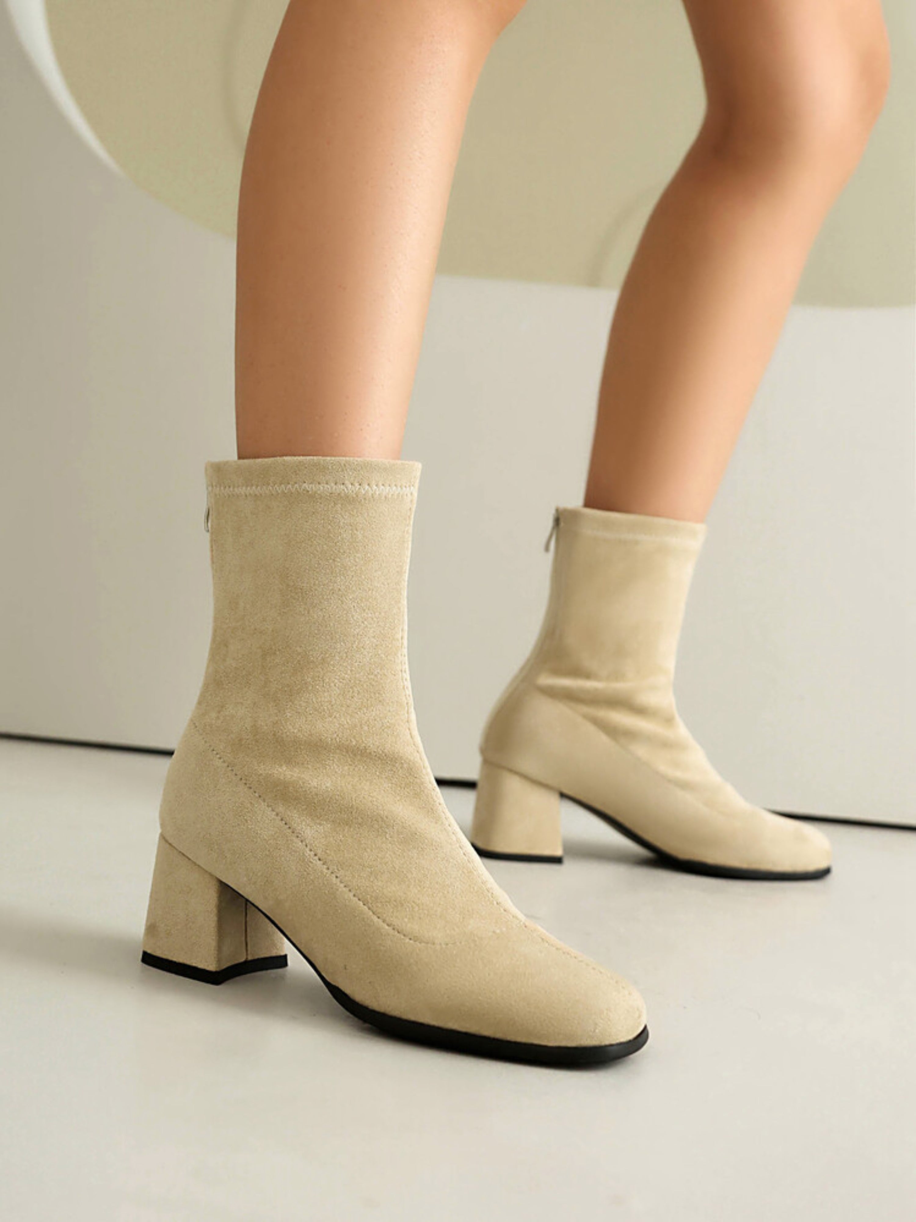 Beige Square Toe Women's Ankle Boots with Heels