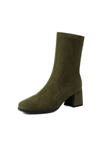 Olive Green Round Toe Short Booties for Women