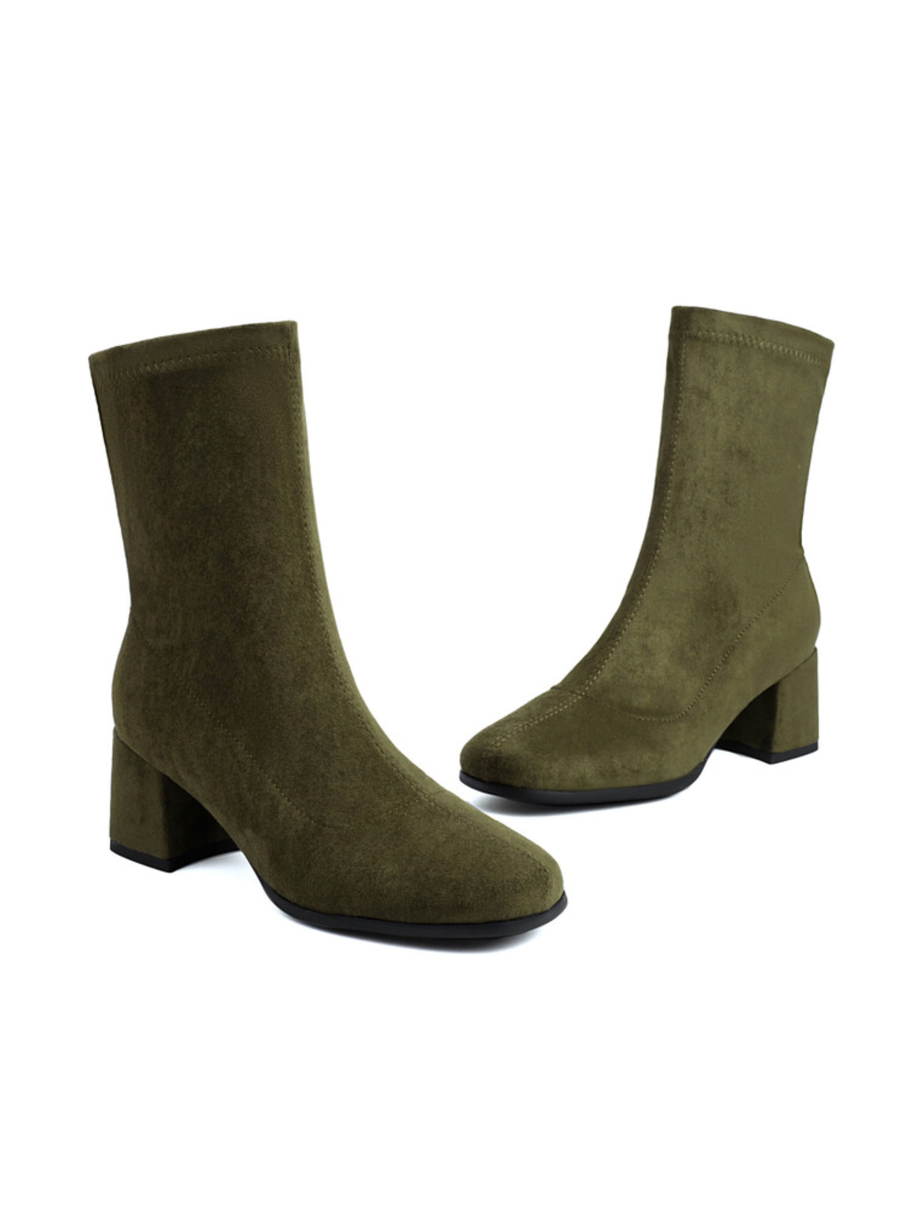 Olive Green Round Toe Short Booties for Women