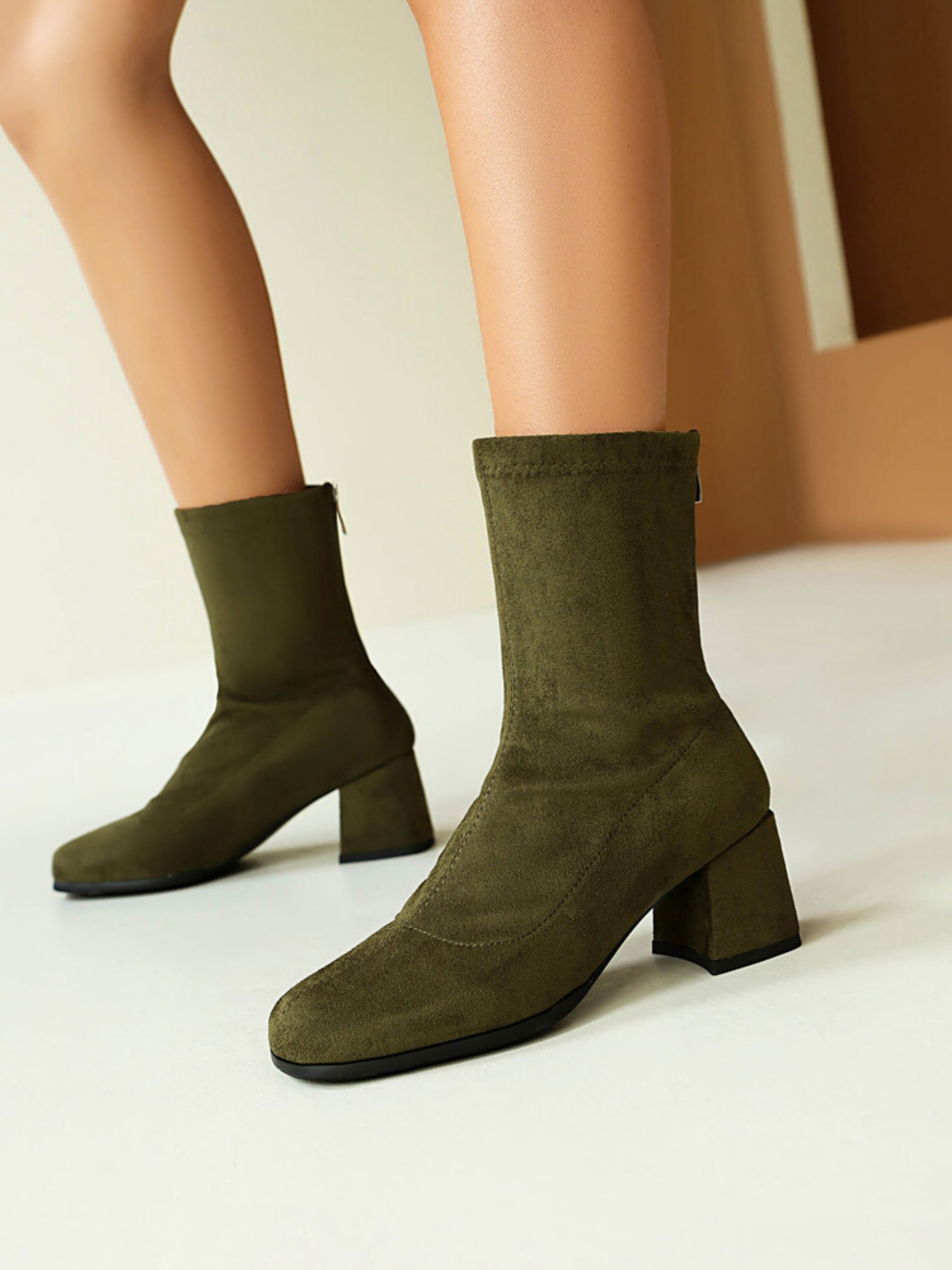 Olive Green Round Toe Short Booties for Women