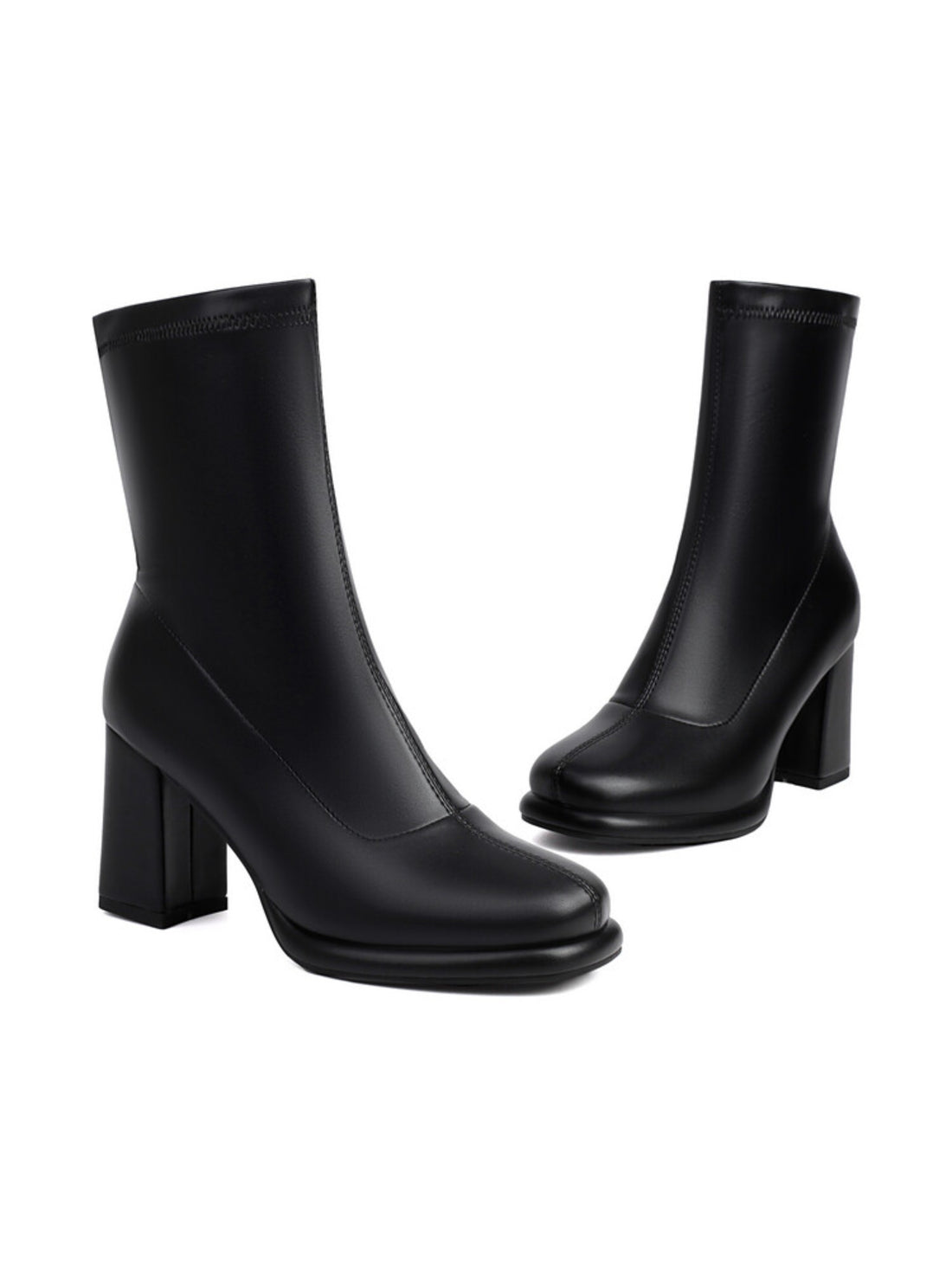 Black Slip-On Plaform Chunky High-Heel Ankle Boots for Women