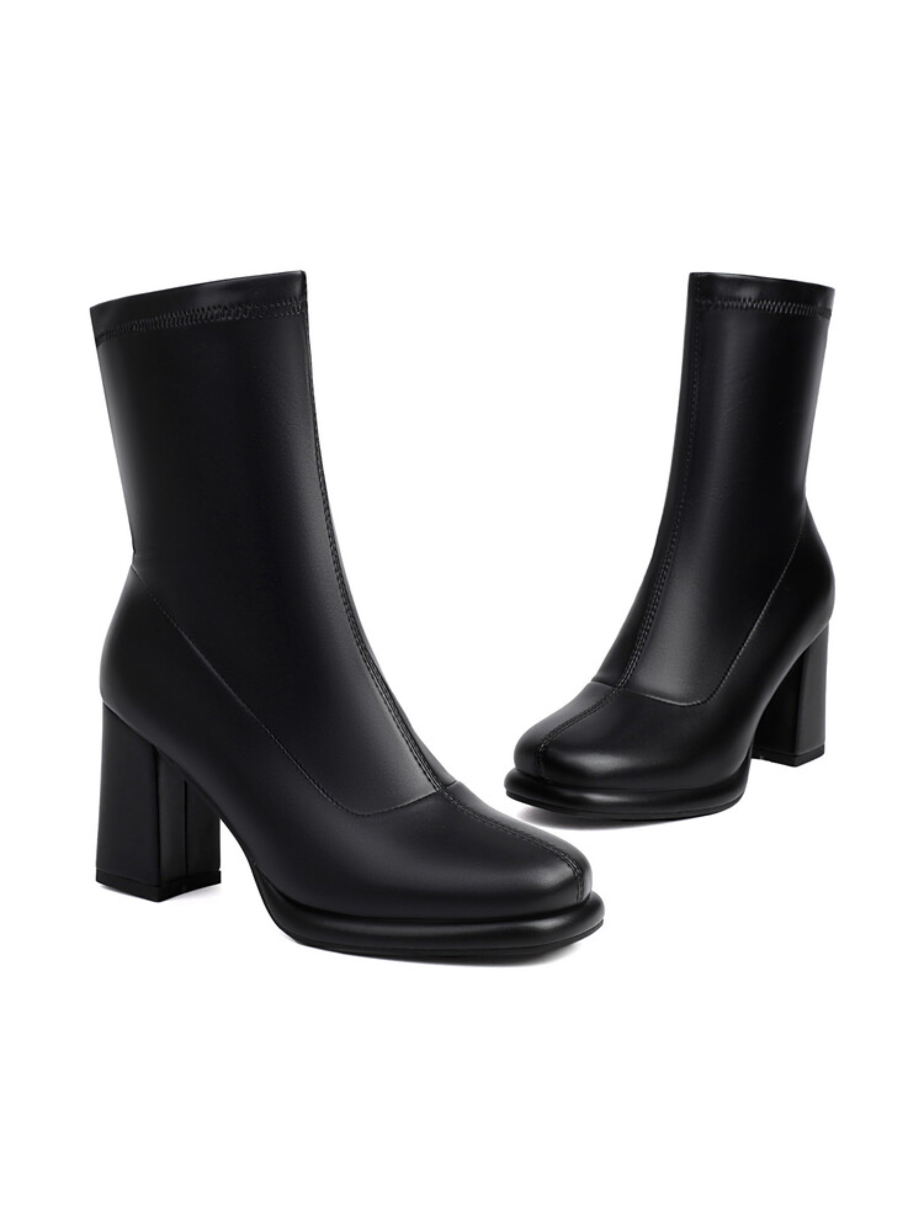 Black Slip-On Plaform Chunky High-Heel Ankle Boots for Women