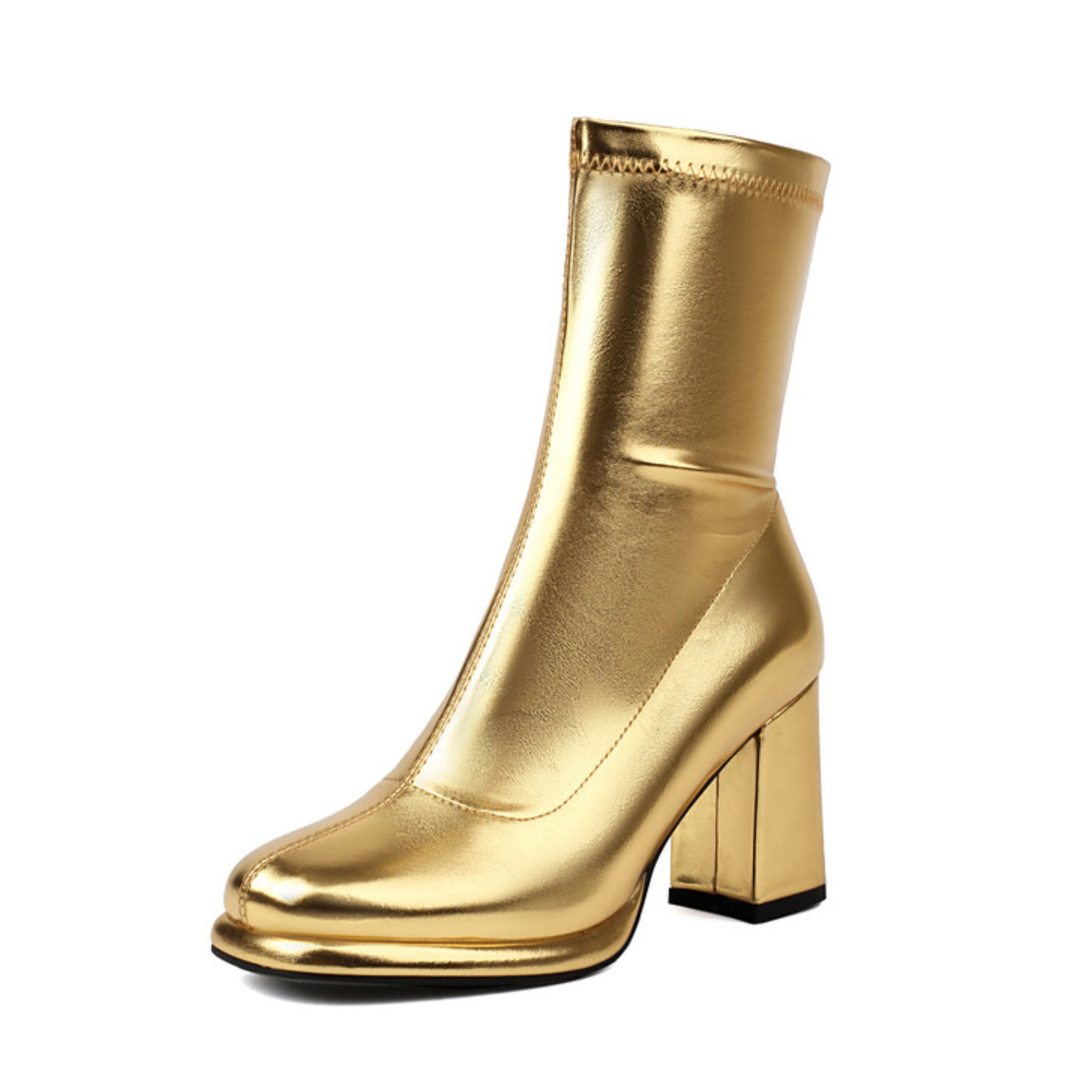 Gold Square Toe Heeled Ankle Boots Women