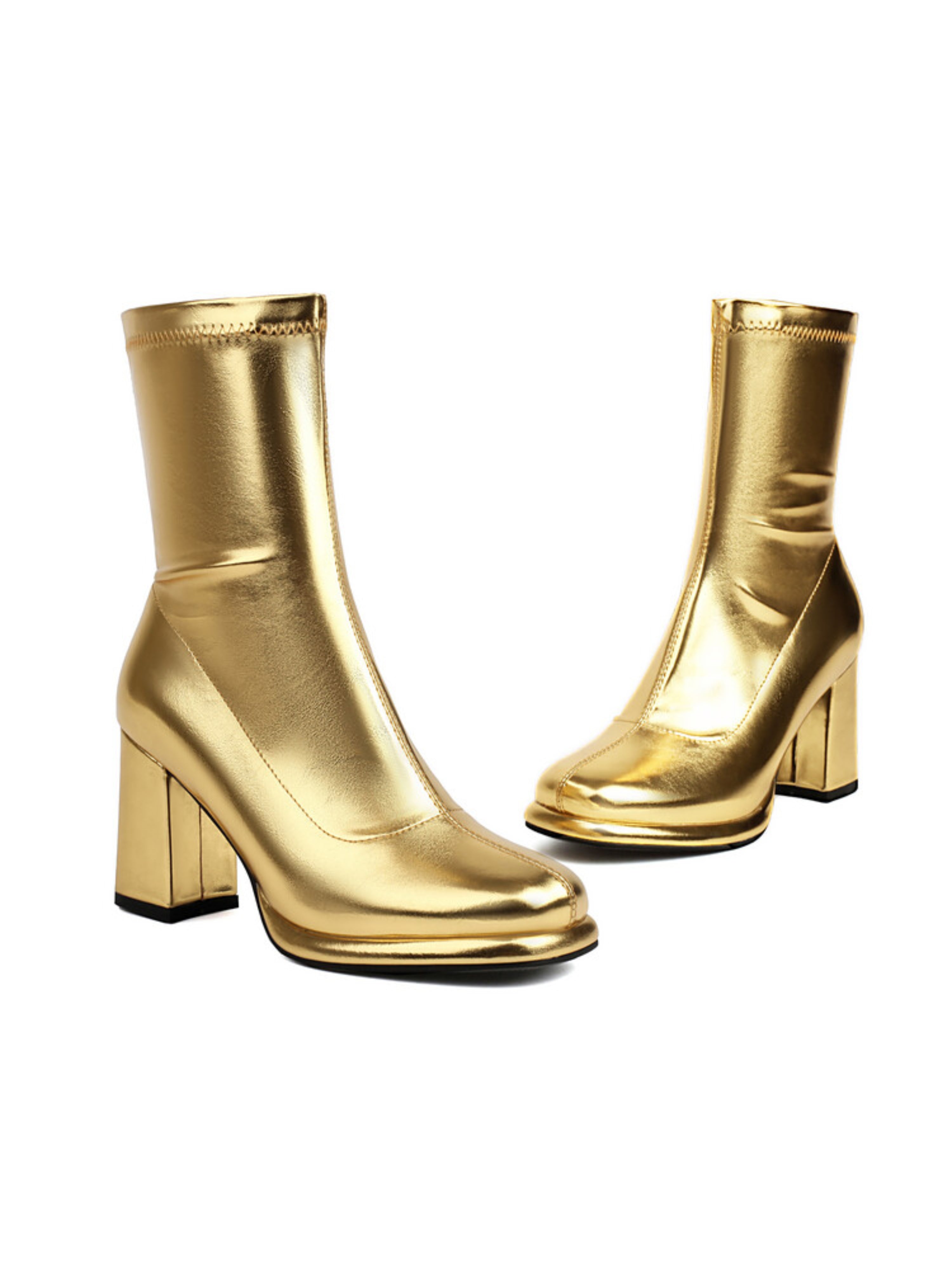 Gold Square Toe Heeled Ankle Boots Women