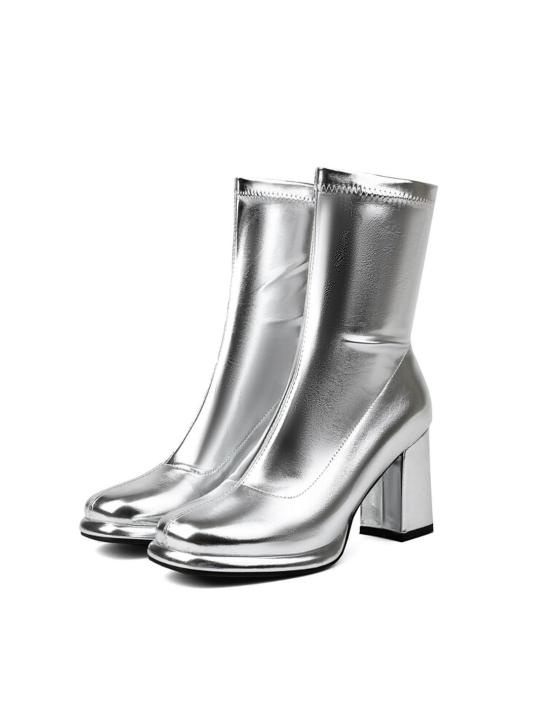 Silver Mirror Finish Chunky Heel Booties for Women