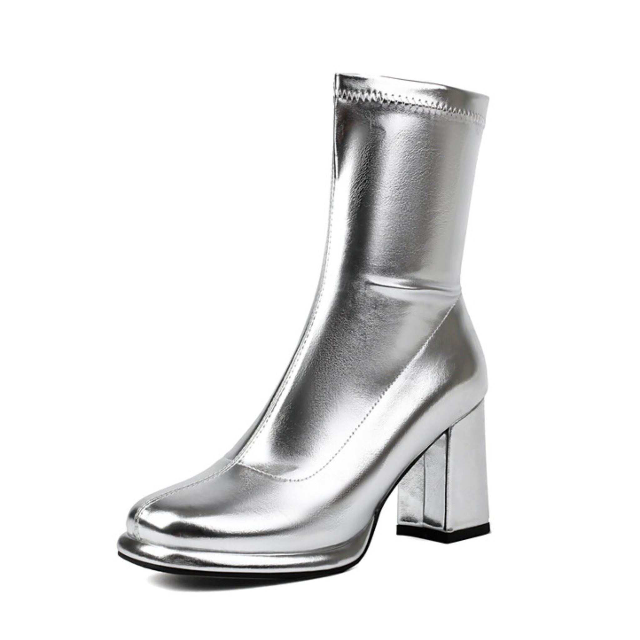 Silver Mirror Finish Chunky Heel Booties for Women