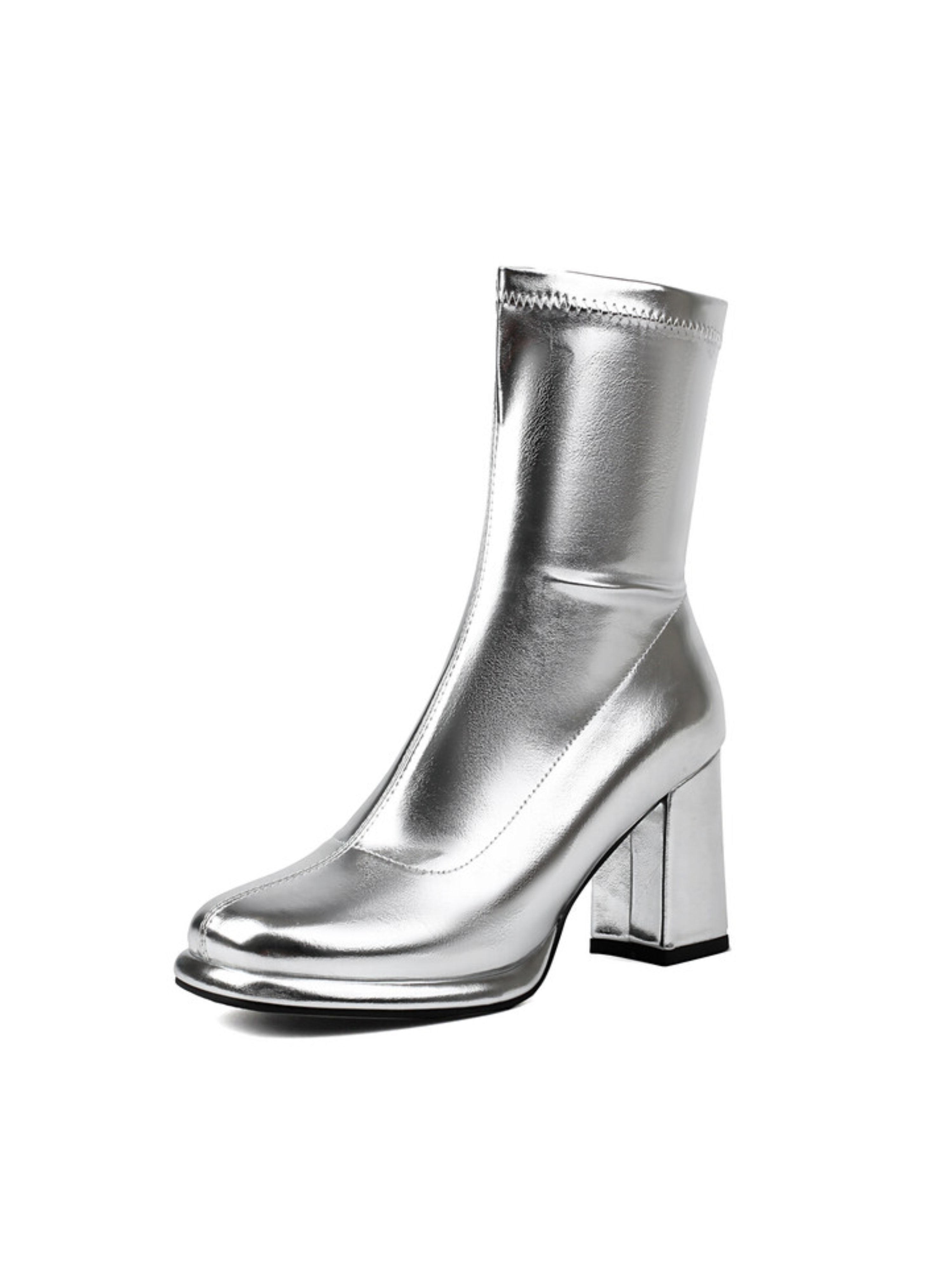 Silver Mirror Finish Chunky Heel Booties for Women