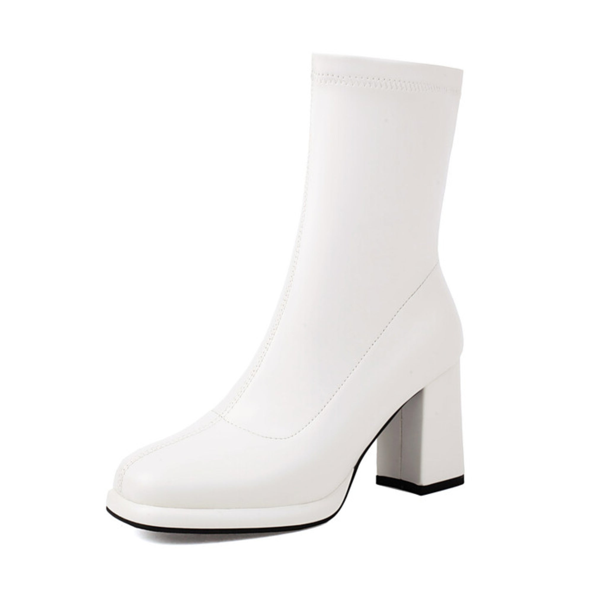 Pure White Square Toe Women's Ankle Boots with Heels