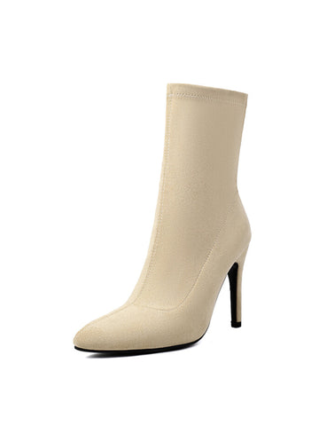 Beige Faux Suede High Heeled Booties Women