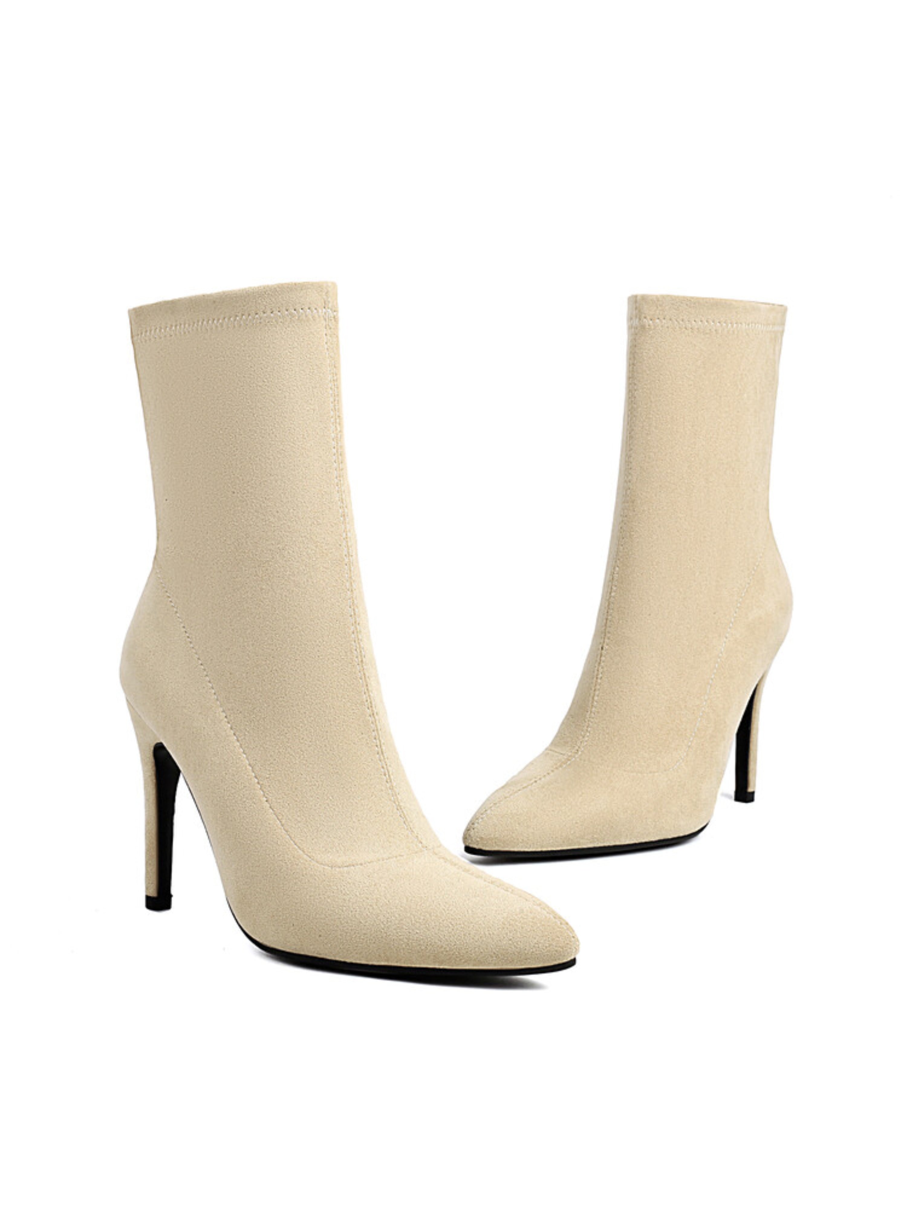 Beige Faux Suede High Heeled Booties Women
