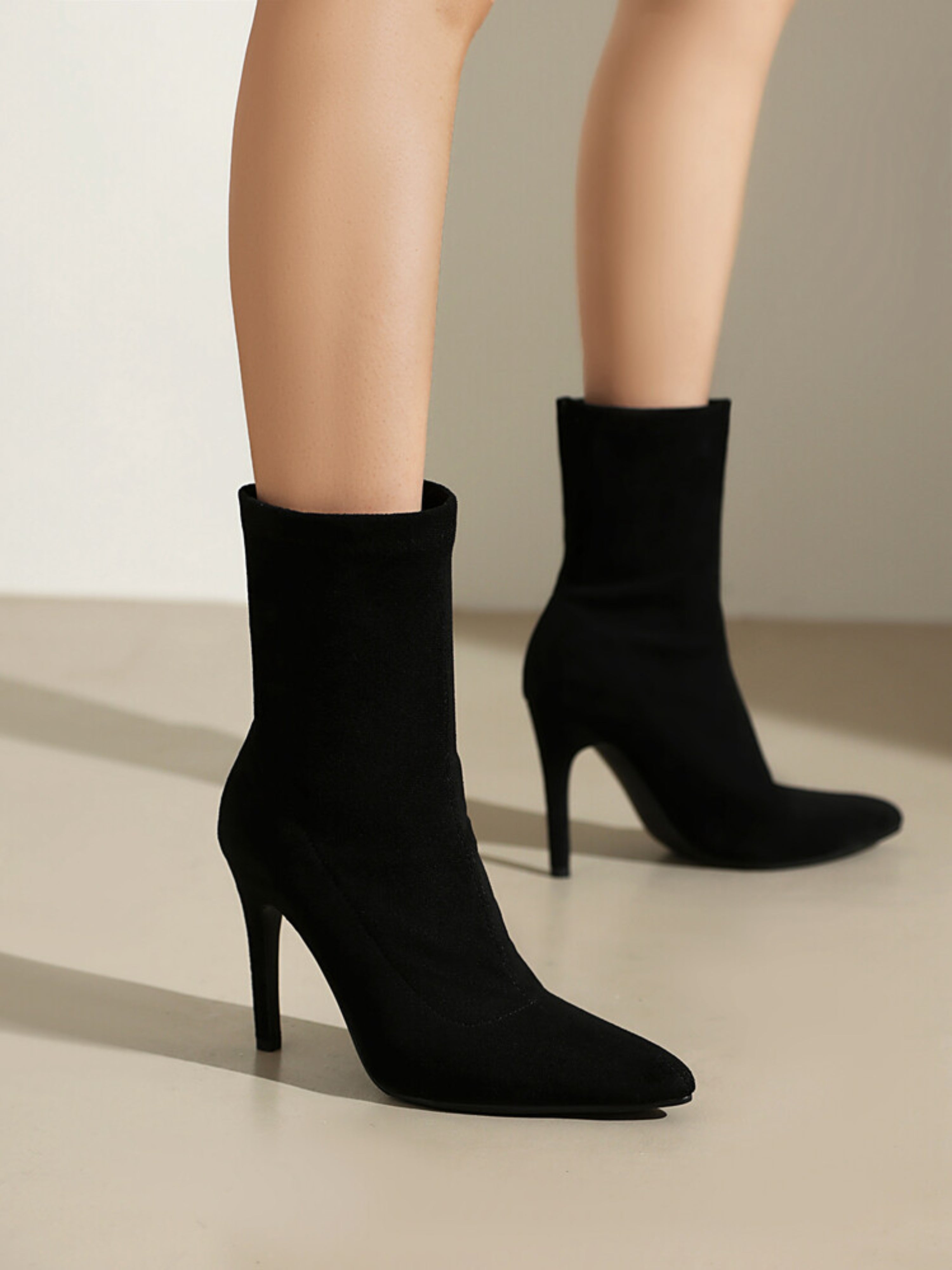 Black Pointed Toe Women's Ankle Sock Boots with Heels