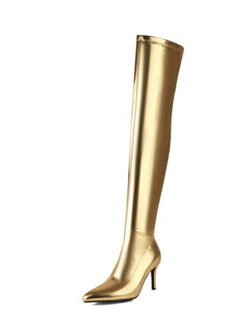 Gold Pointed Toe Over-The-Knee Boots Women Stiletto Heels