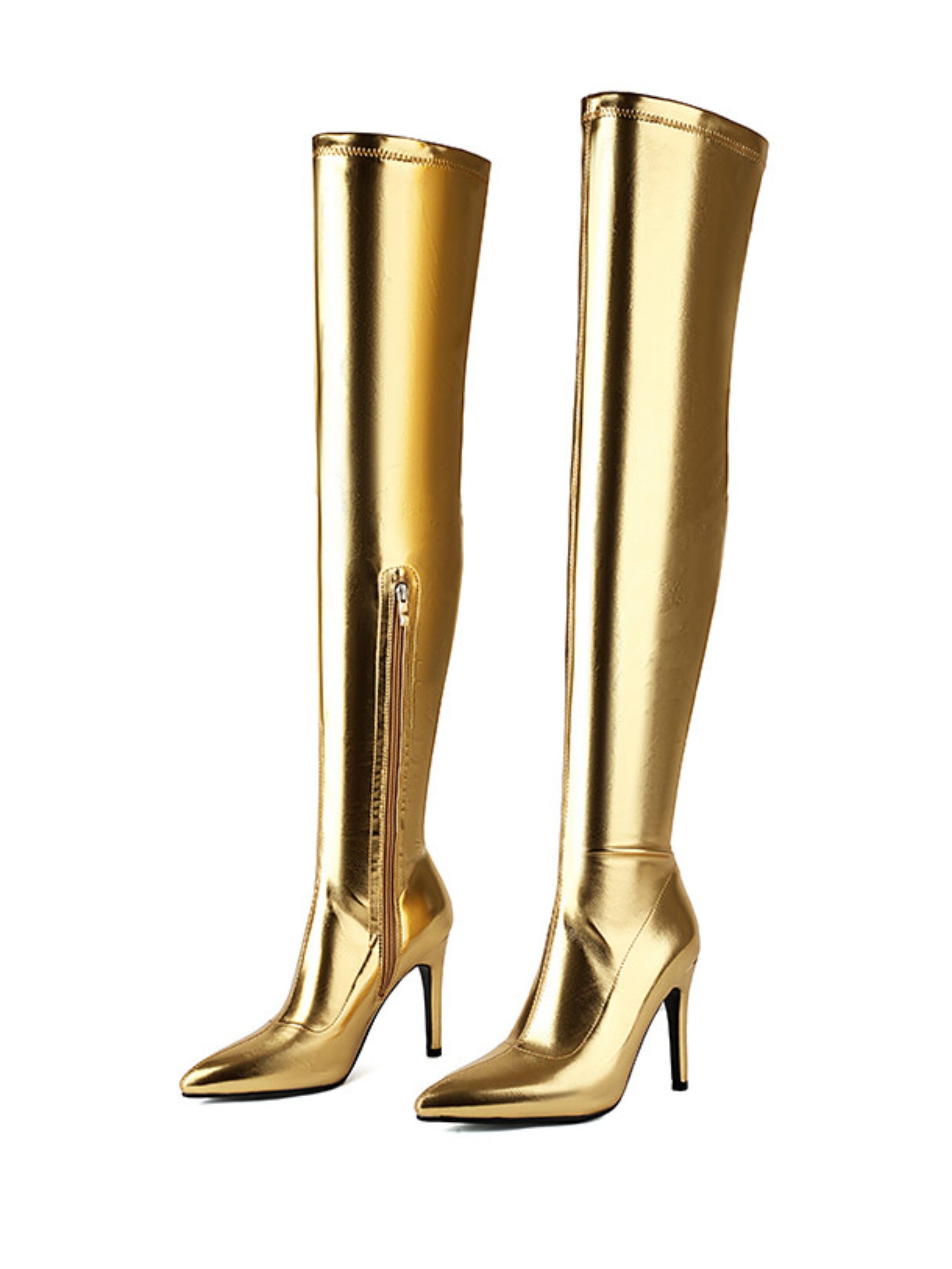 Gold Pointed Toe Over-The-Knee Boots Women Stiletto Heels