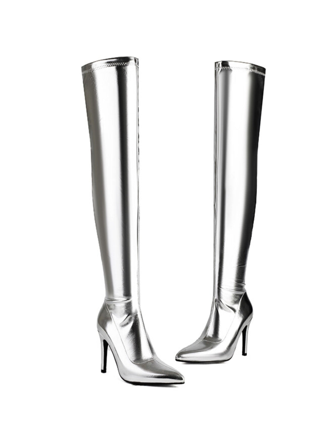 Silver Stiletto Ladies Thigh High Boots with High Heels