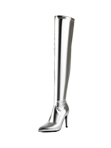 Silver Stiletto Ladies Thigh High Boots with High Heels