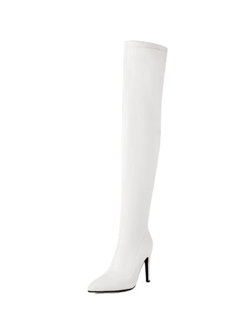 White Faux Leather Women's Thigh High Pointed Toe Boots