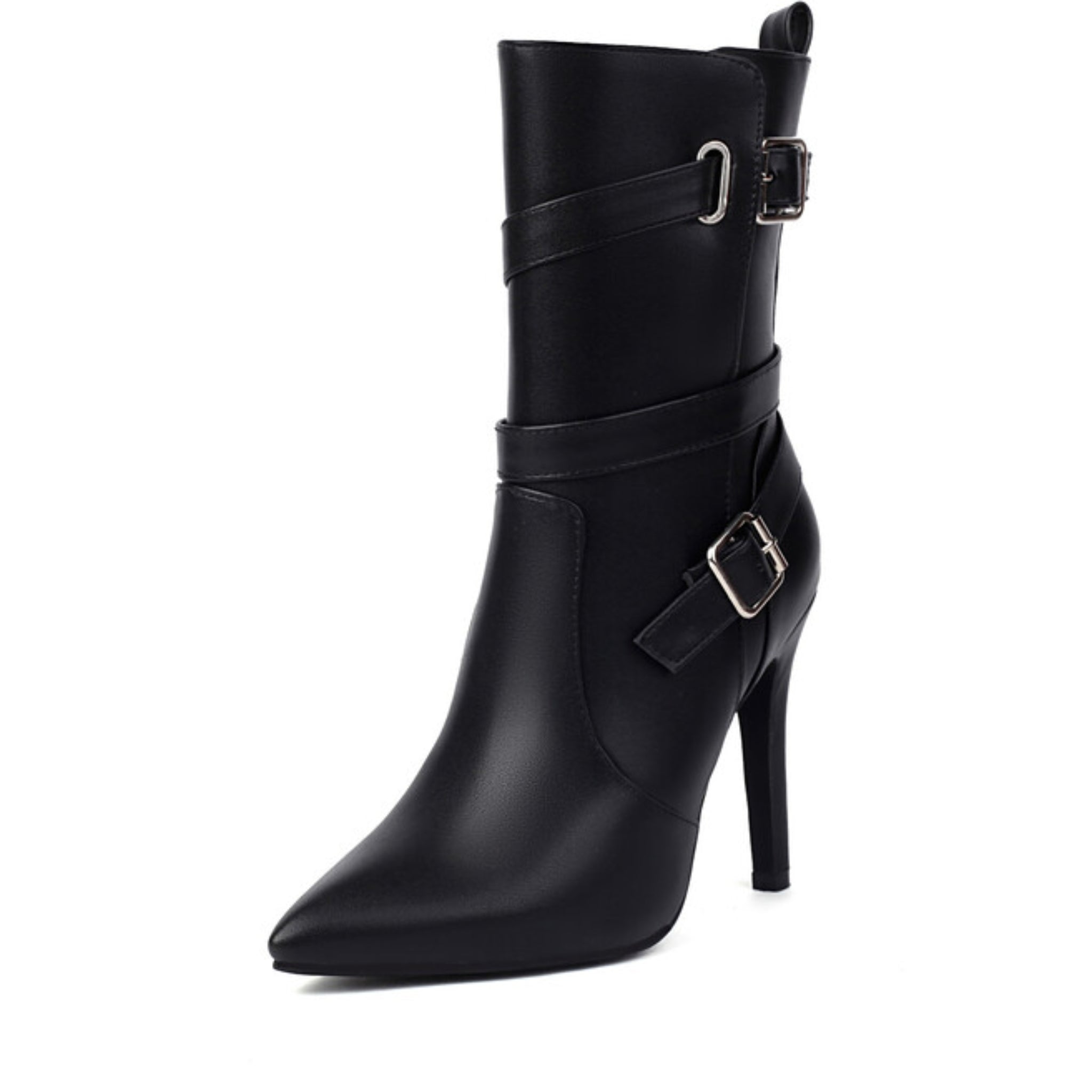 Black Double Buckle Women's Booties with Heels