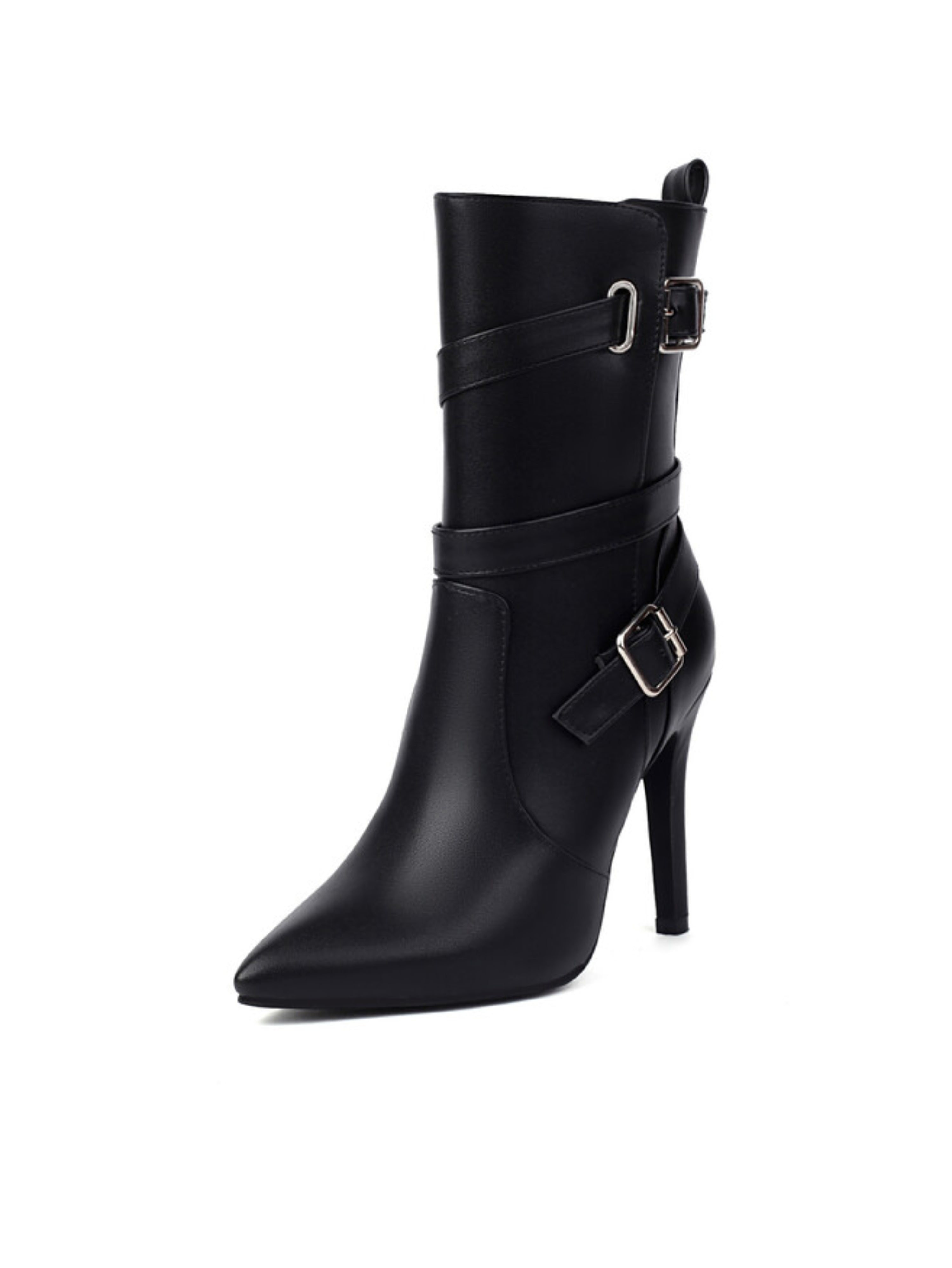 Black Double Buckle Women's Booties with Heels