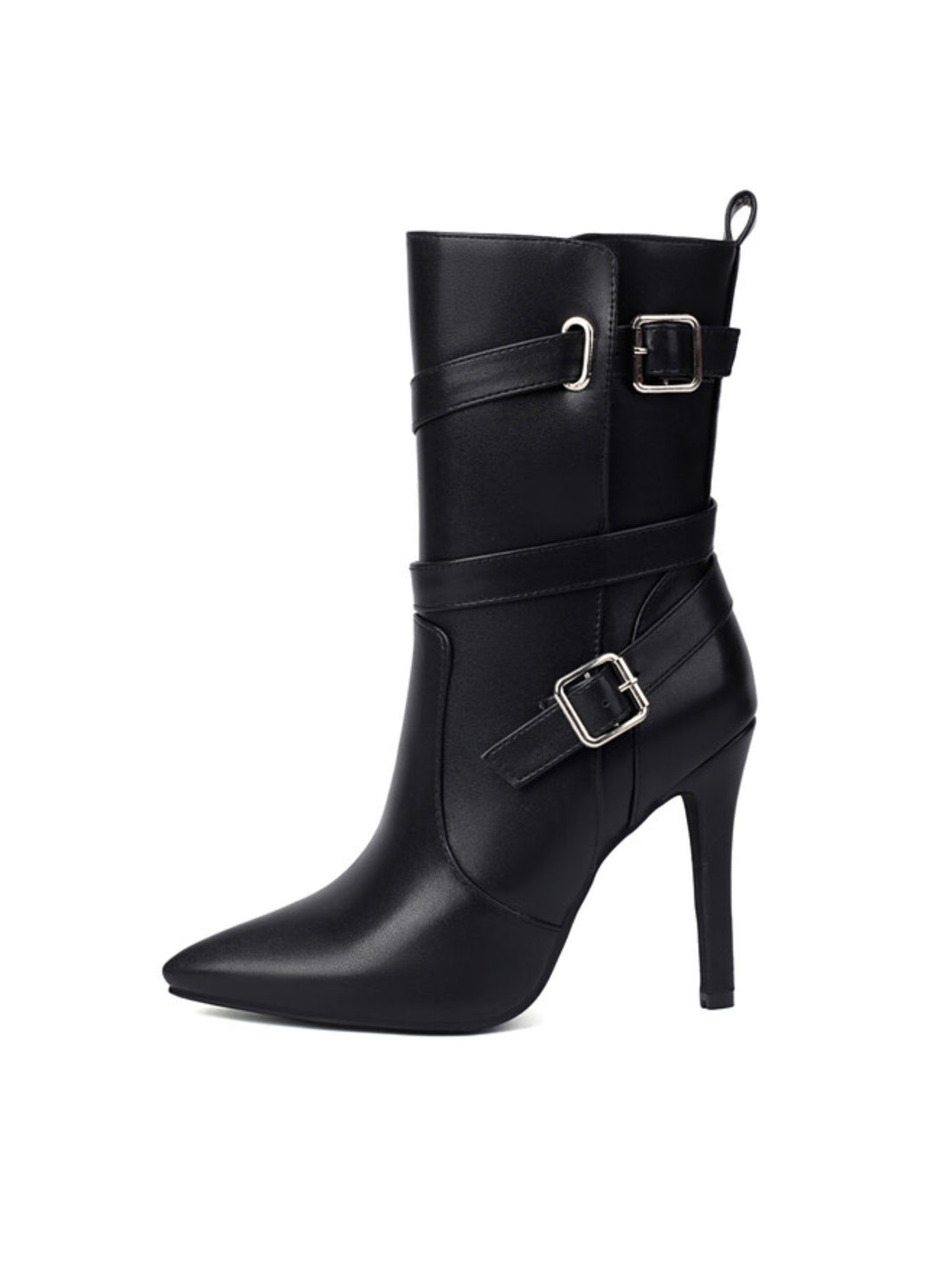 Black Double Buckle Women's Booties with Heels