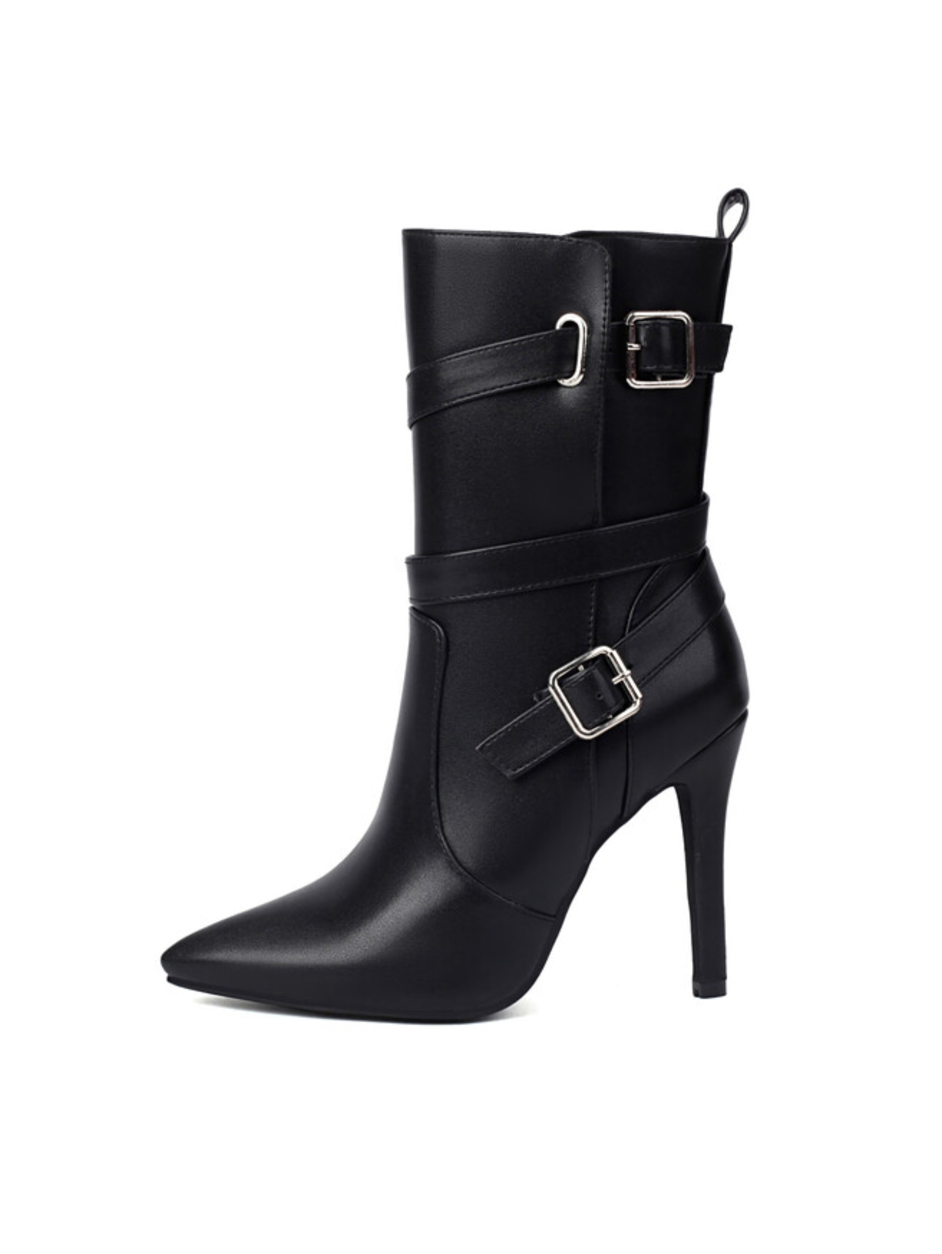 Black Double Buckle Women's Booties with Heels
