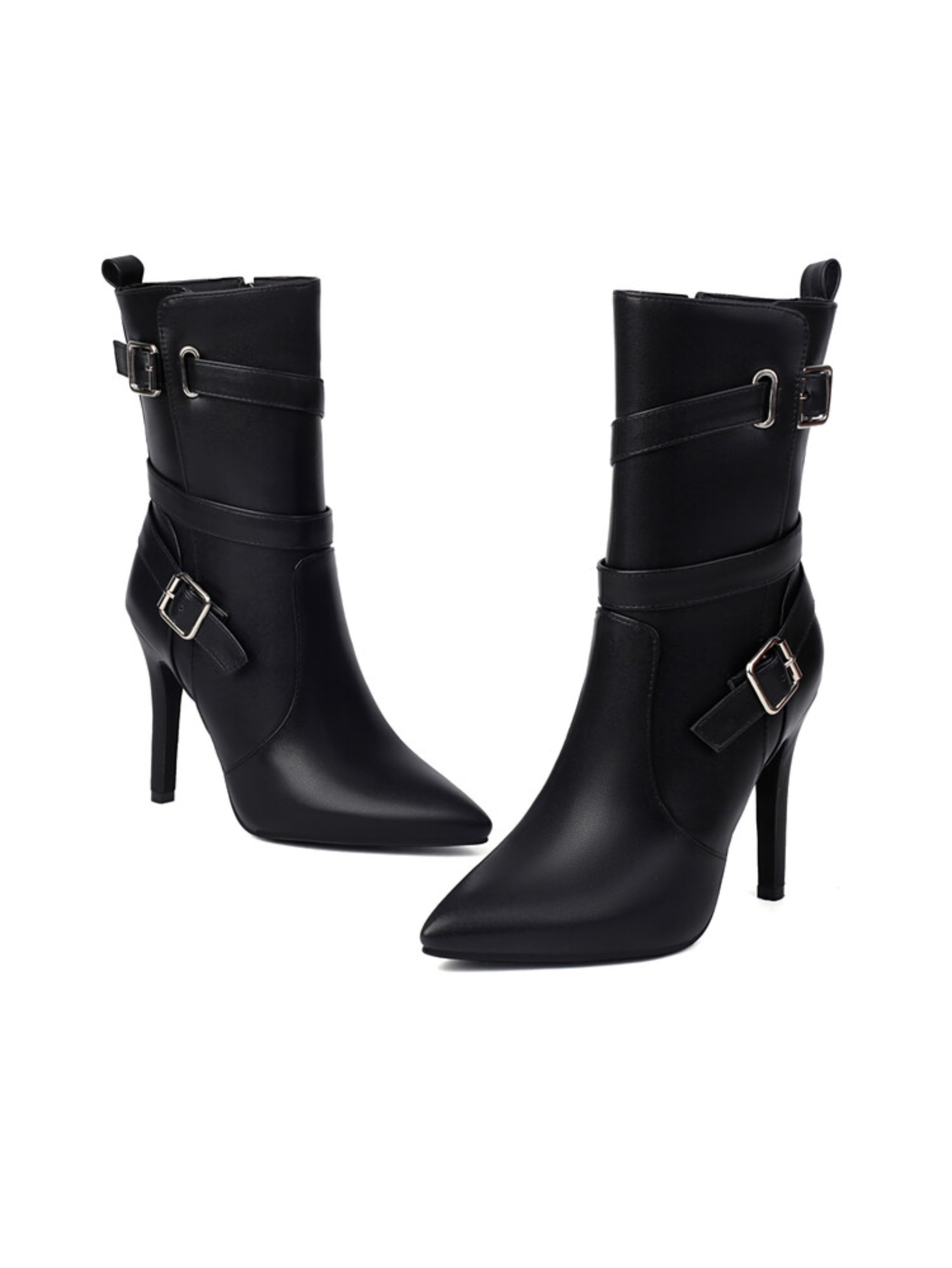 Black Double Buckle Women's Booties with Heels