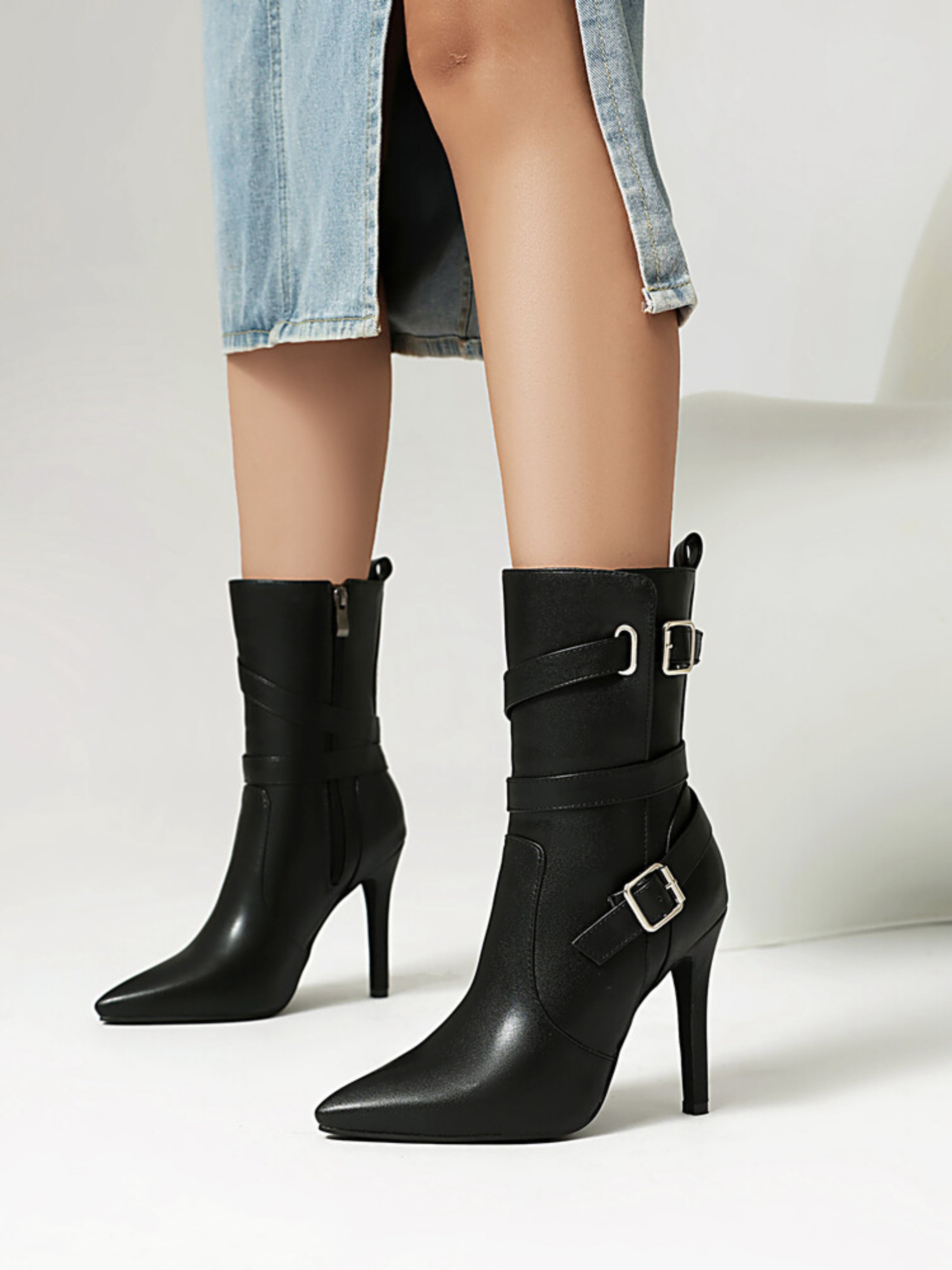 Black Double Buckle Women's Booties with Heels
