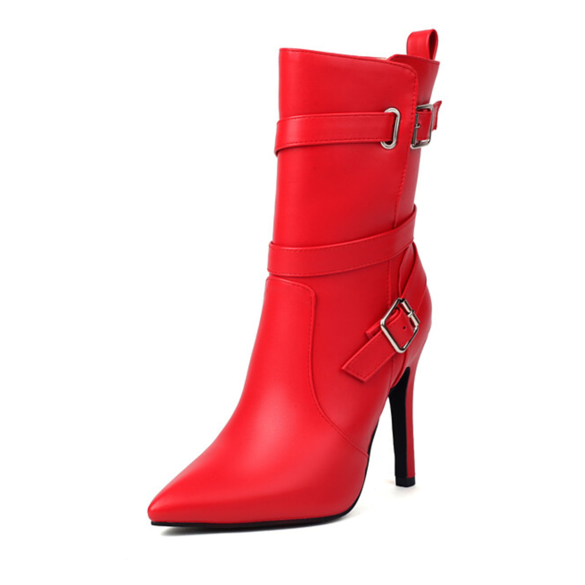 Red Pointed Toe Heeled Ankle Boots Women