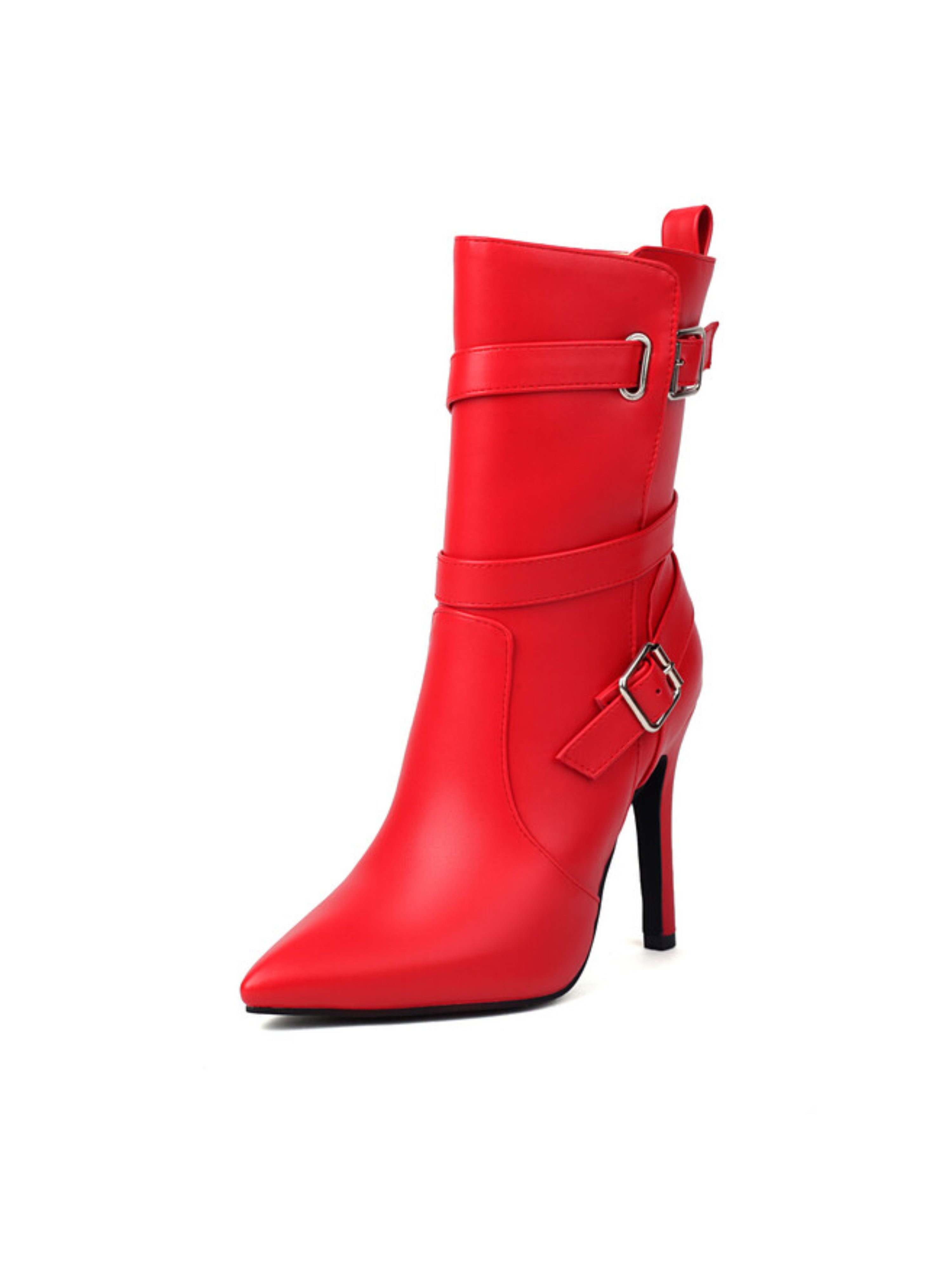 Red Pointed Toe Heeled Ankle Boots Women