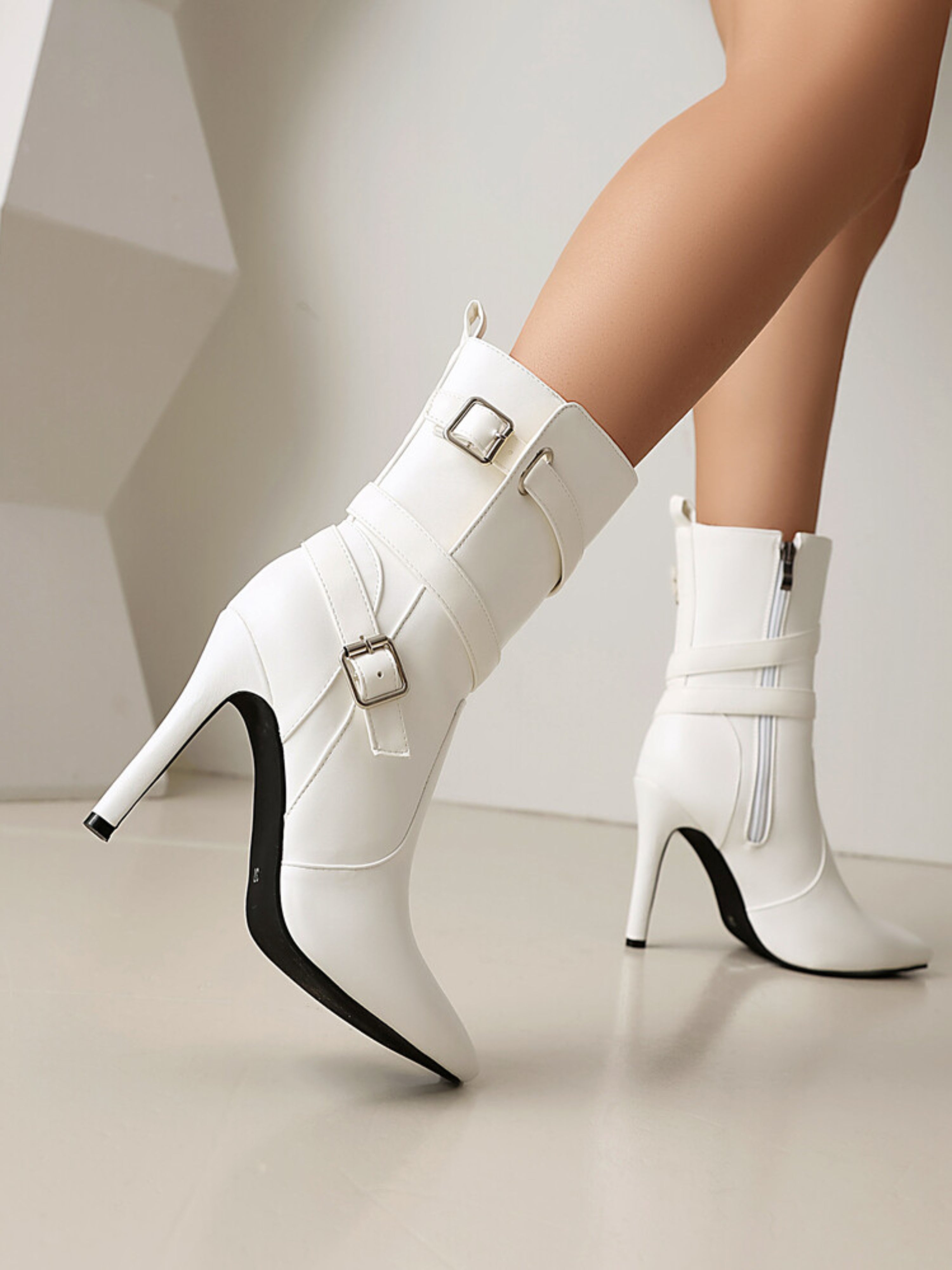 White Faux Leather Ankle Boots for Women