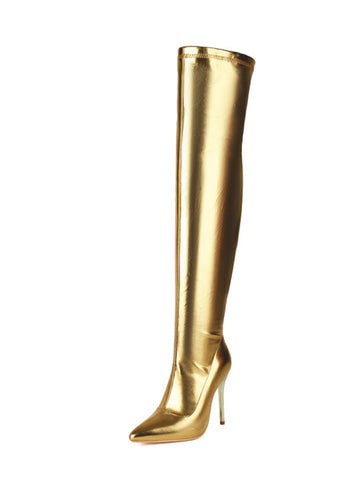 Gold Slip-On Stiletto Heels Thigh High Boots for Women