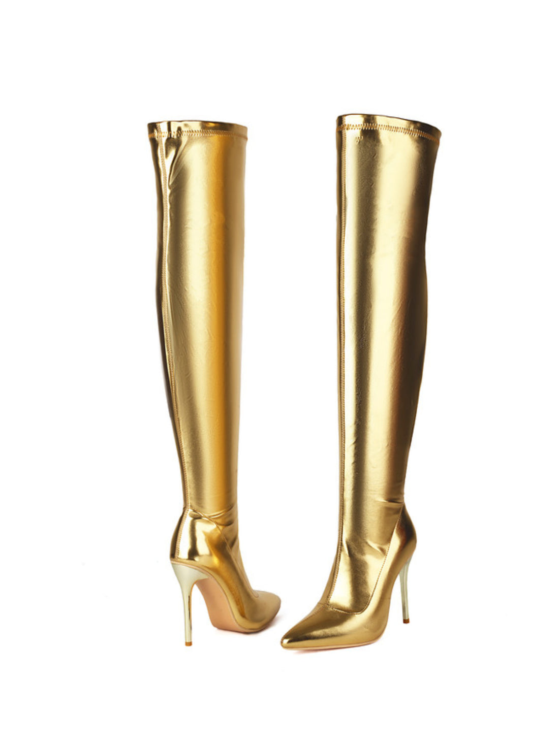 Gold Slip-On Stiletto Heels Thigh High Boots for Women