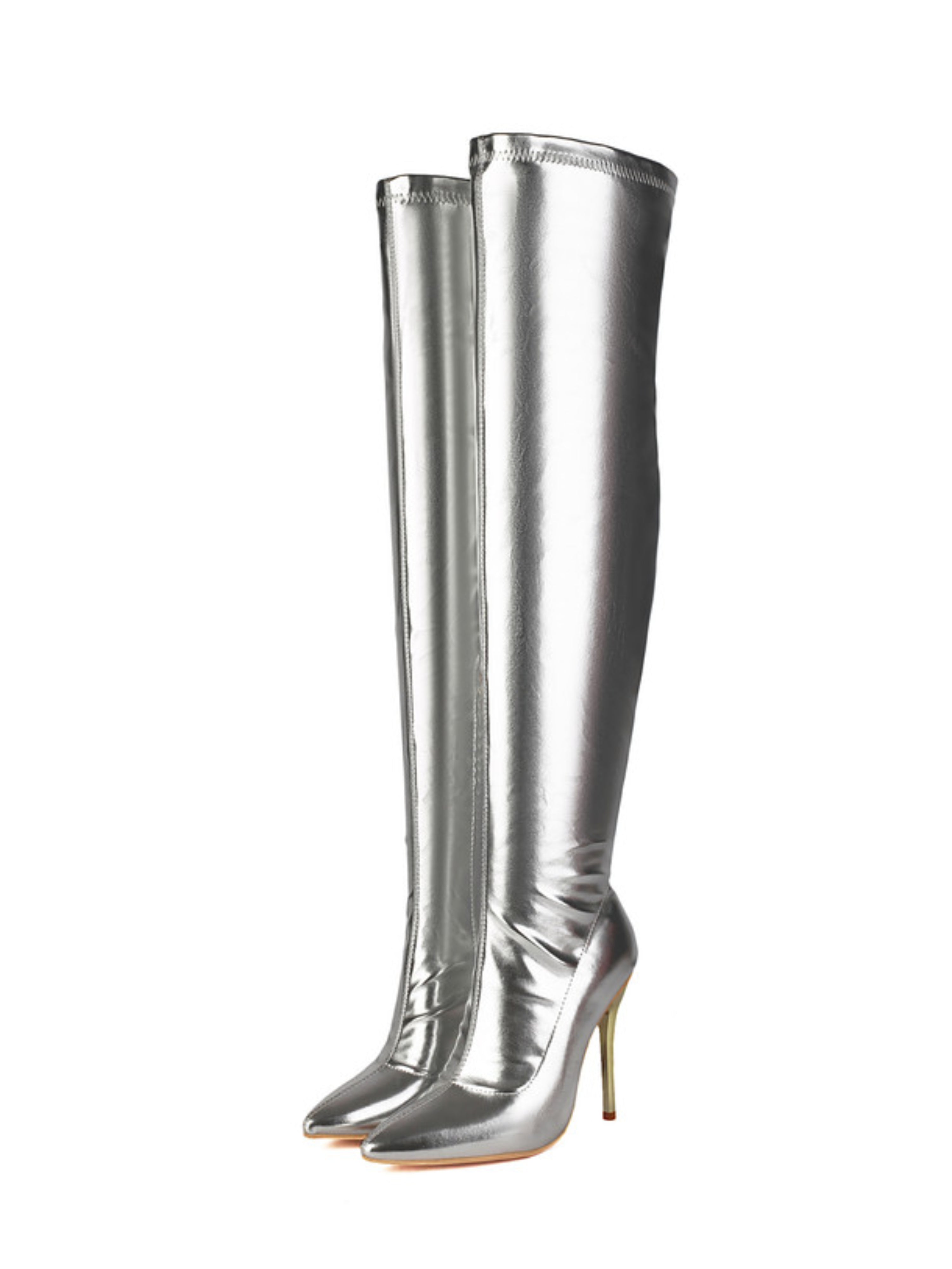 Silver Stilettos Over-The-Knee Boots with High Heels