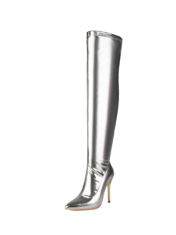 Silver Stilettos Over-The-Knee Boots with High Heels