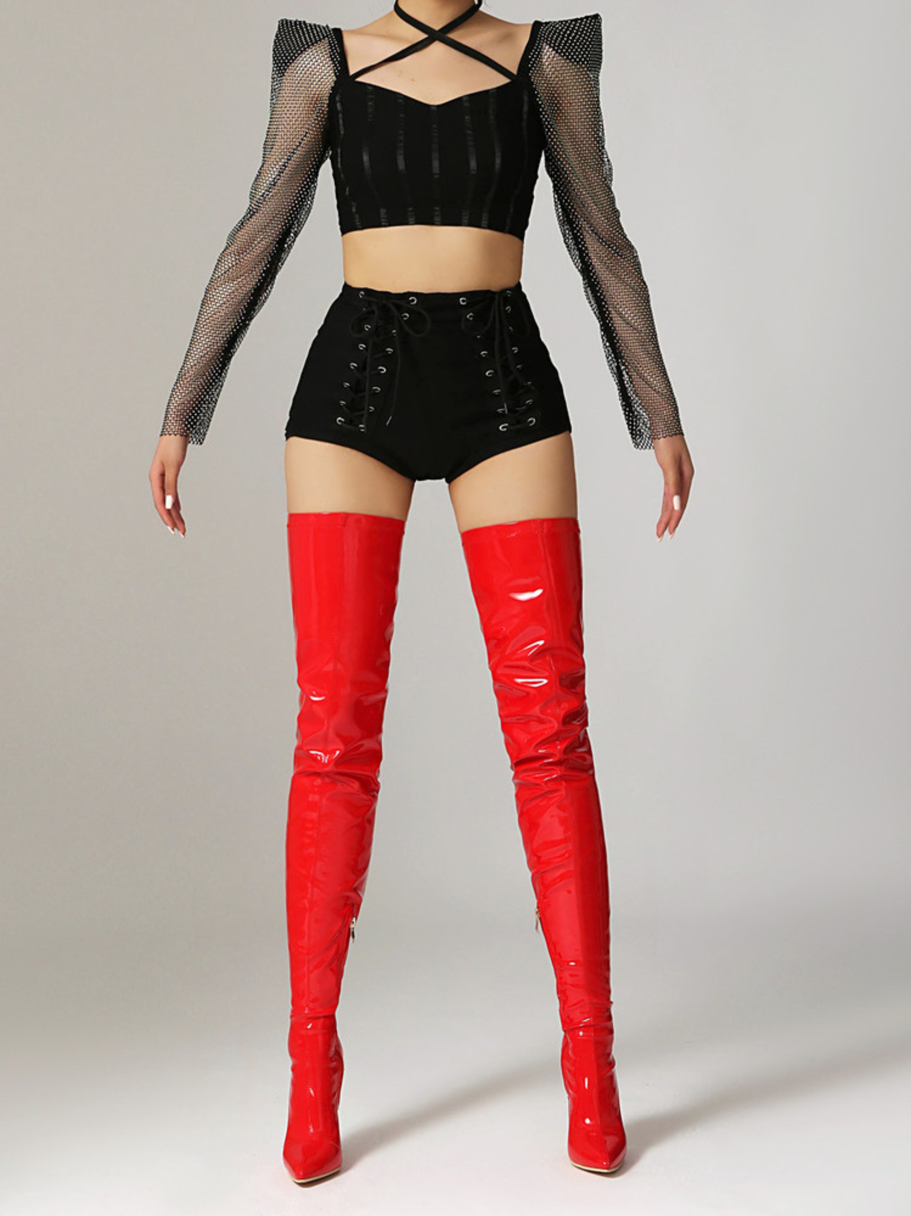 Red Patent Leather Women's Thigh-High Boots with Heels