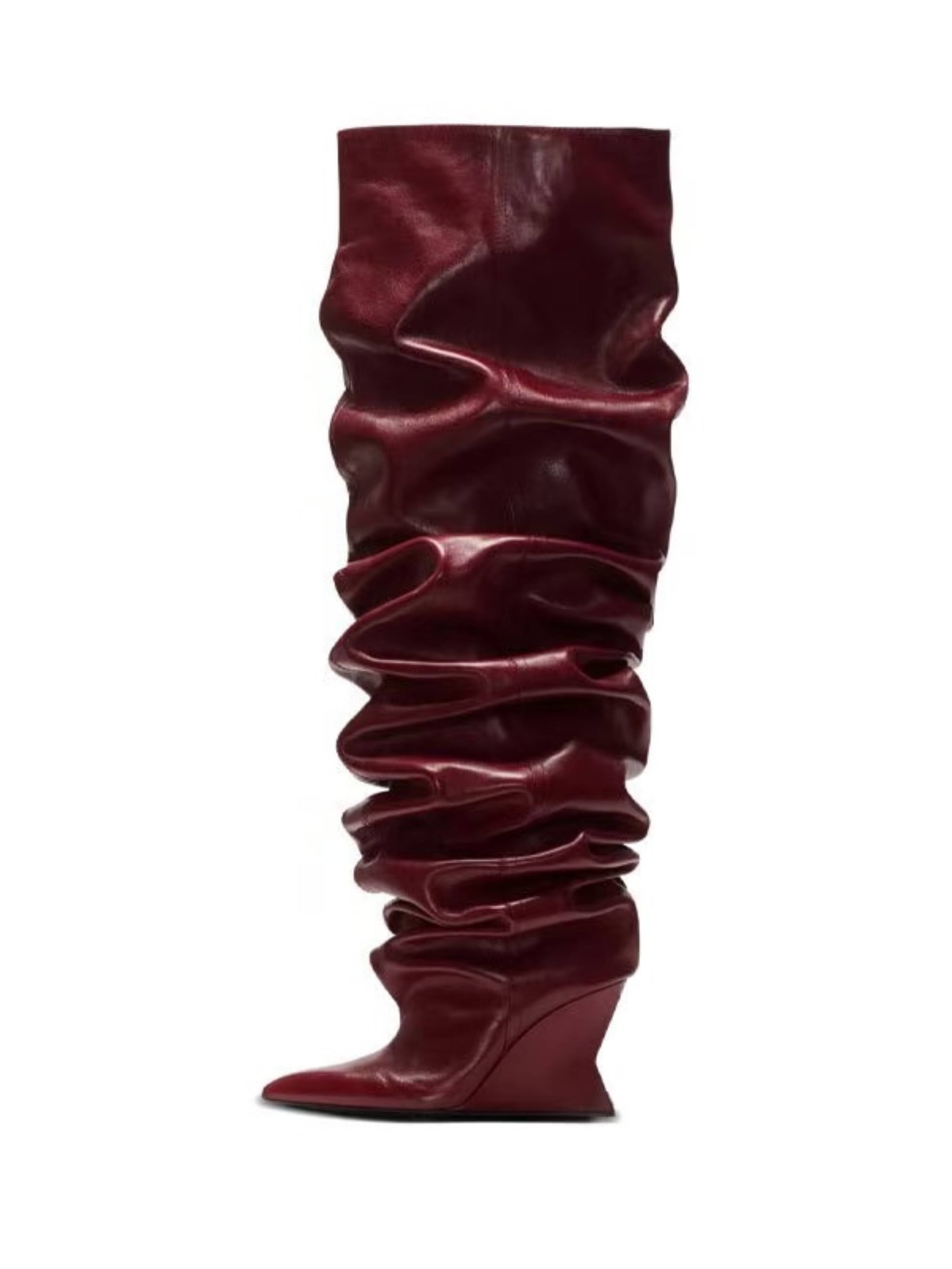 Burgundy Slouchy Wedge Heel Knee-High Boots