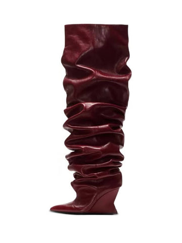 Burgundy Slouchy Wedge Heel Knee-High Boots