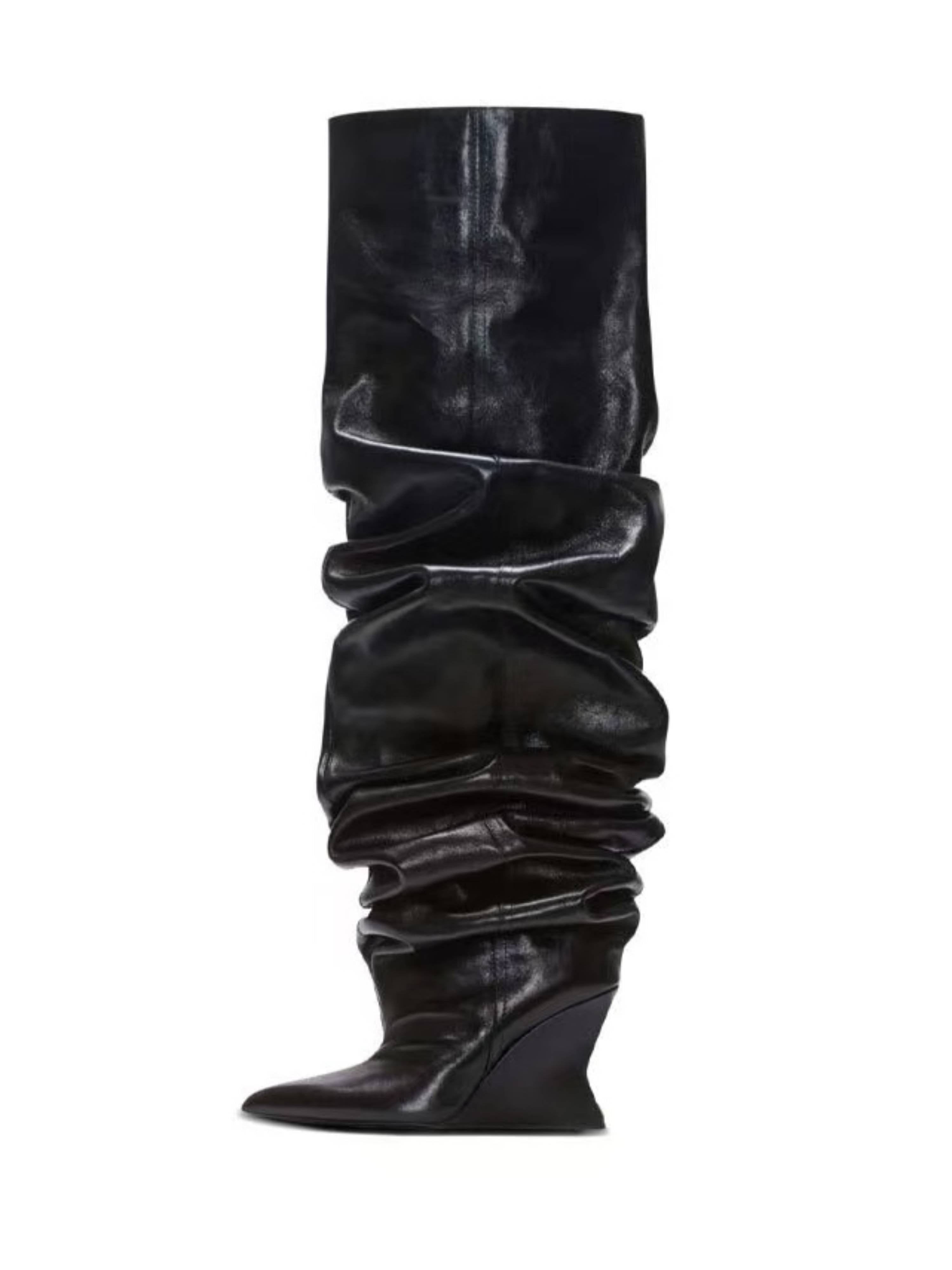 Black Slouchy Knee-High Wedge Boots for Women