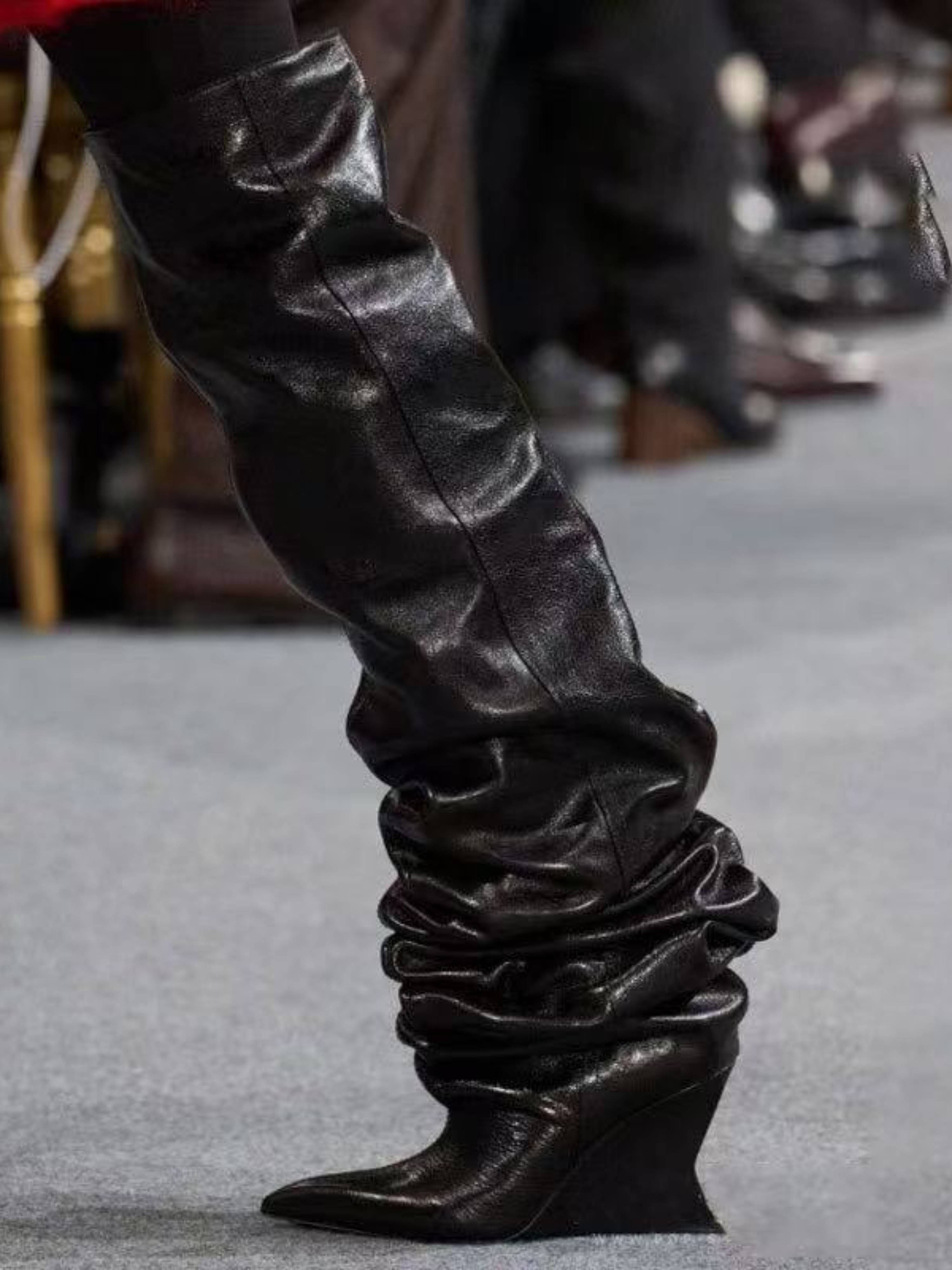 Black Slouchy Knee-High Wedge Boots for Women