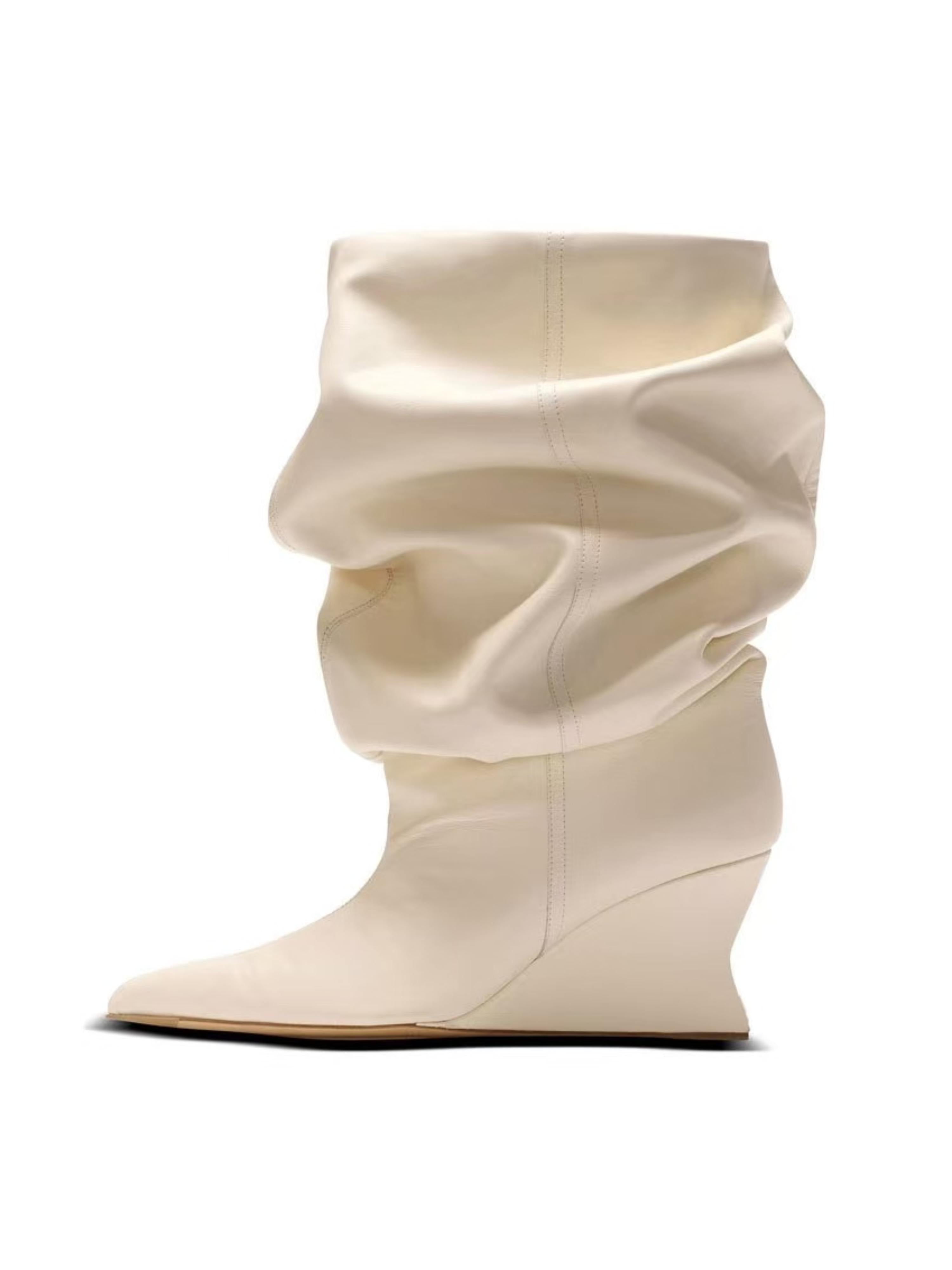 Soft Beige Pointed Toe Slouchy Mid-Calf Wedge Boots for Women
