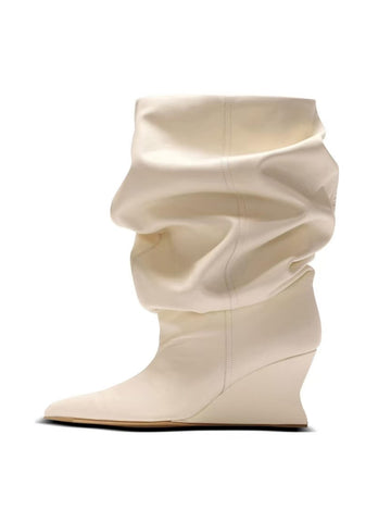 Soft Beige Pointed Toe Slouchy Mid-Calf Wedge Boots for Women