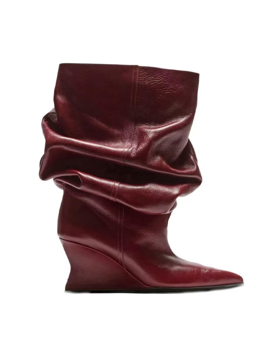 Burgundy Slouchy Mid-Calf Pointed Toe Boots with Wedge Heels