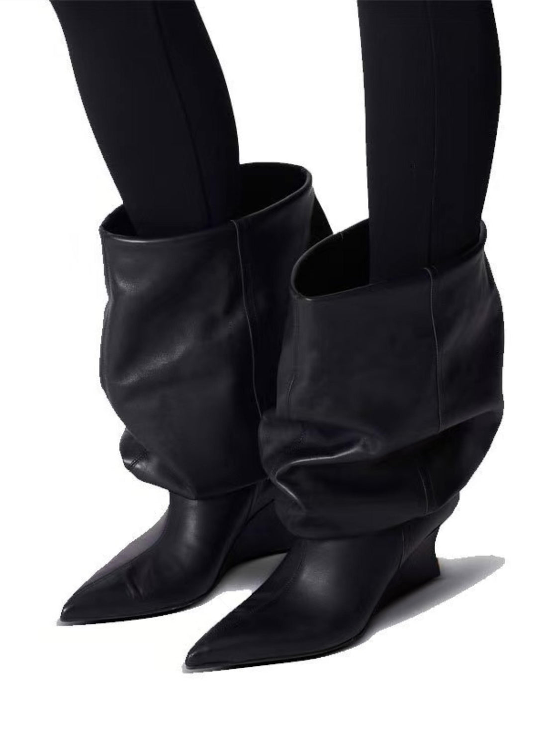Black Slouchy Pointed Toe Wedge Mid-Calf Boots Women