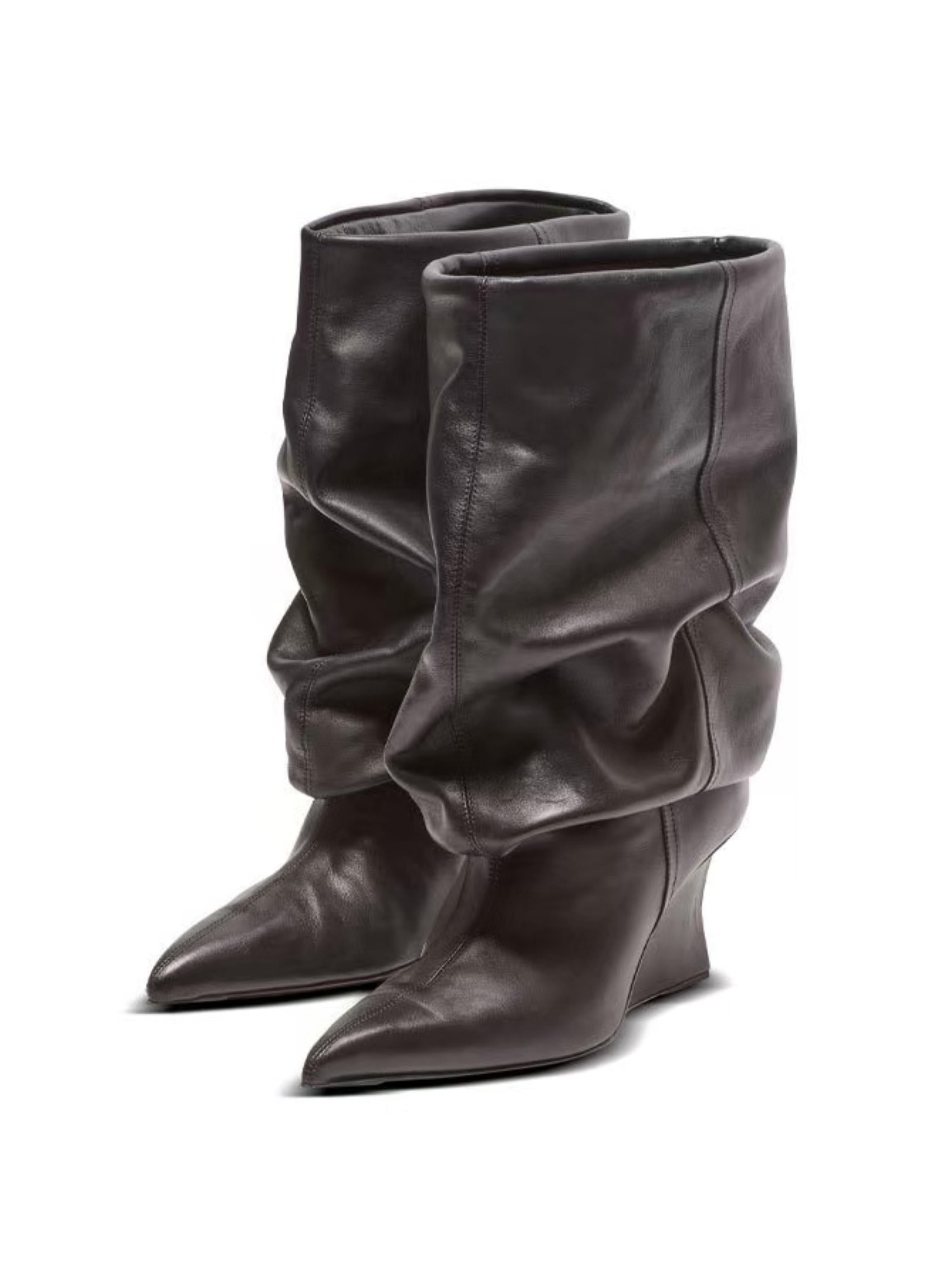Black Slouchy Pointed Toe Wedge Mid-Calf Boots Women