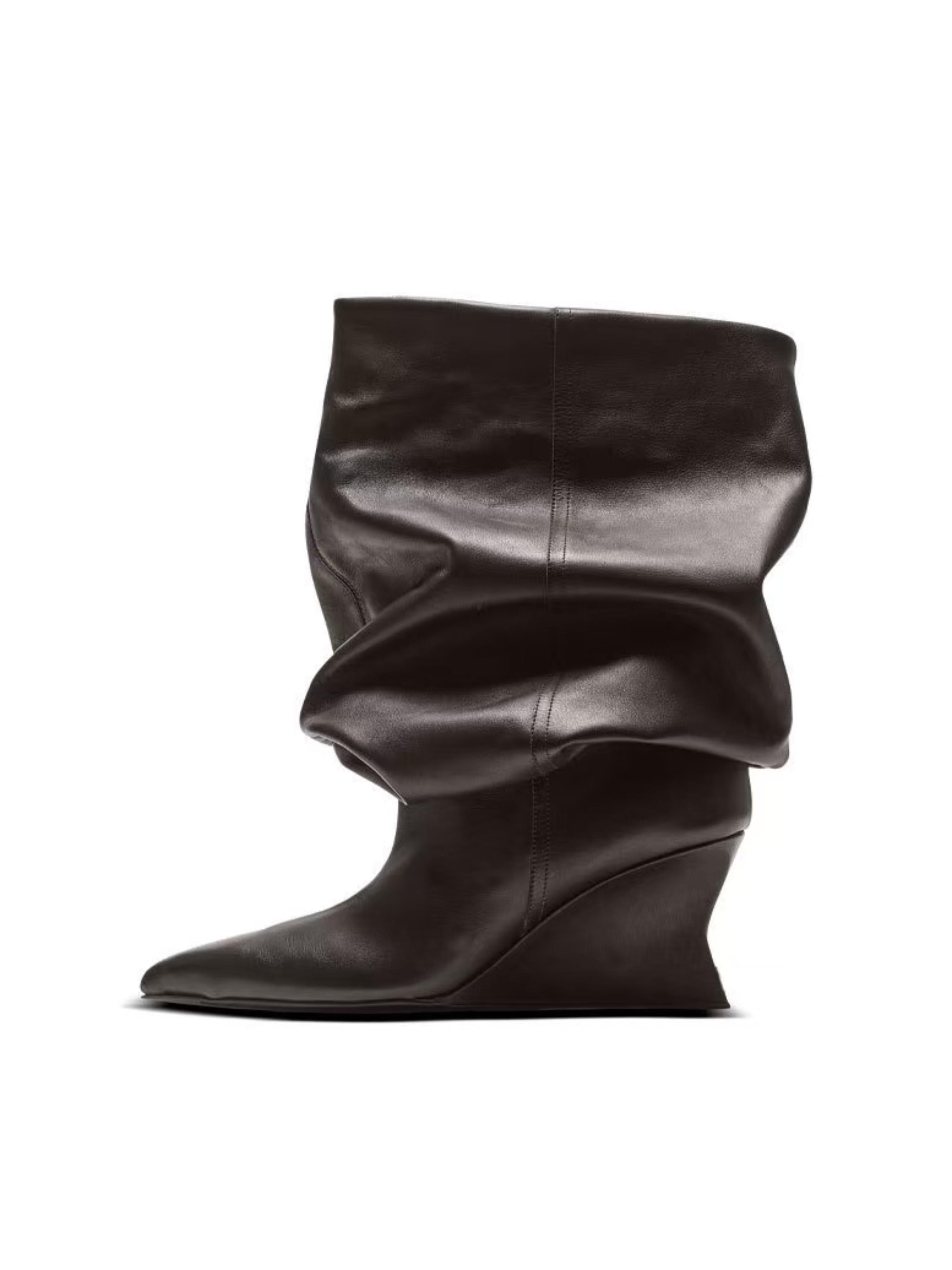 Black Slouchy Pointed Toe Wedge Mid-Calf Boots Women