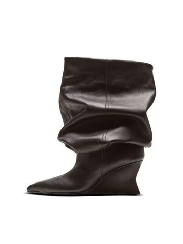 Black Slouchy Pointed Toe Wedge Mid-Calf Boots Women