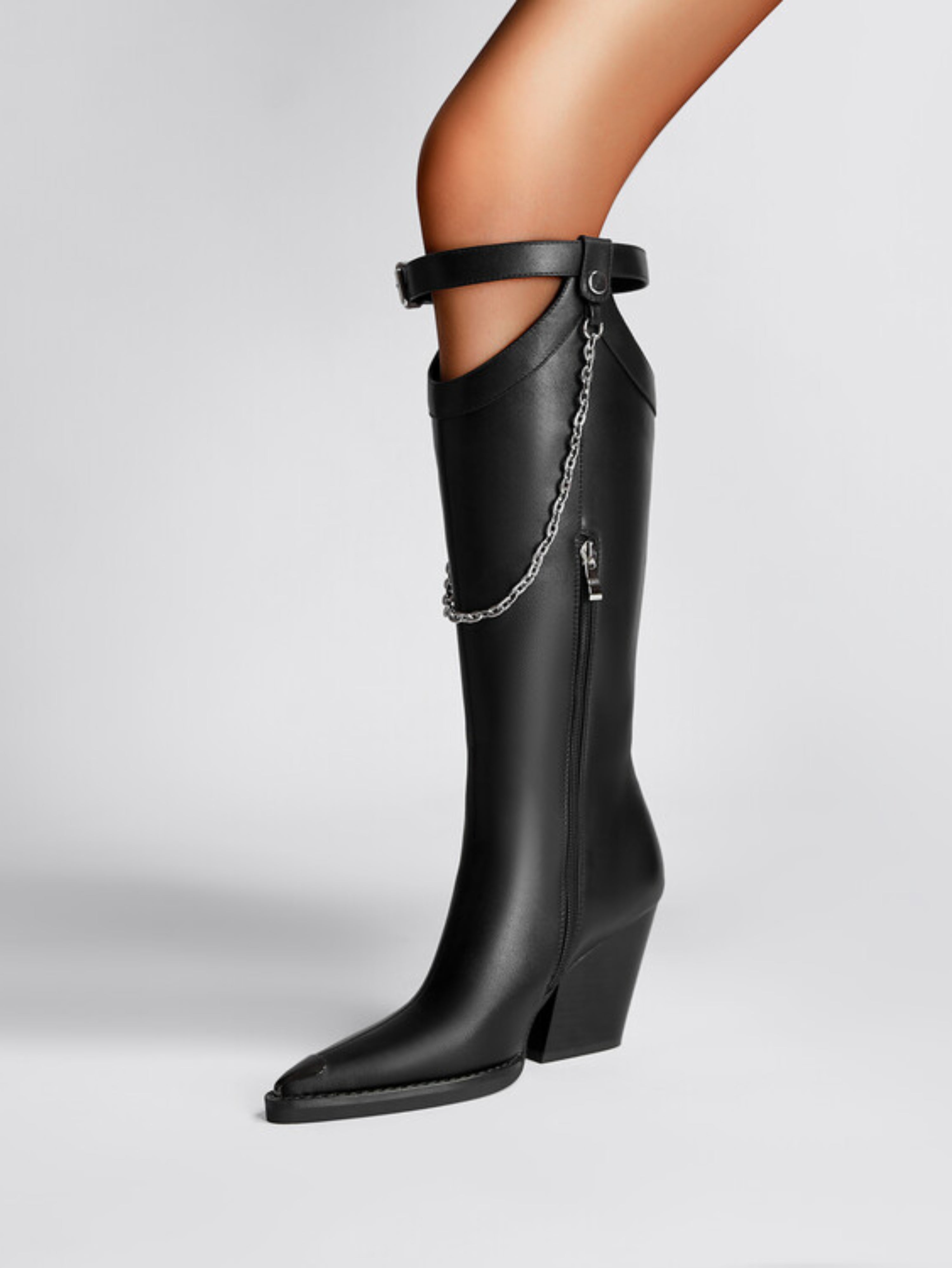 Black Pointed Toe Knee-High Cowgirl Boots for Women